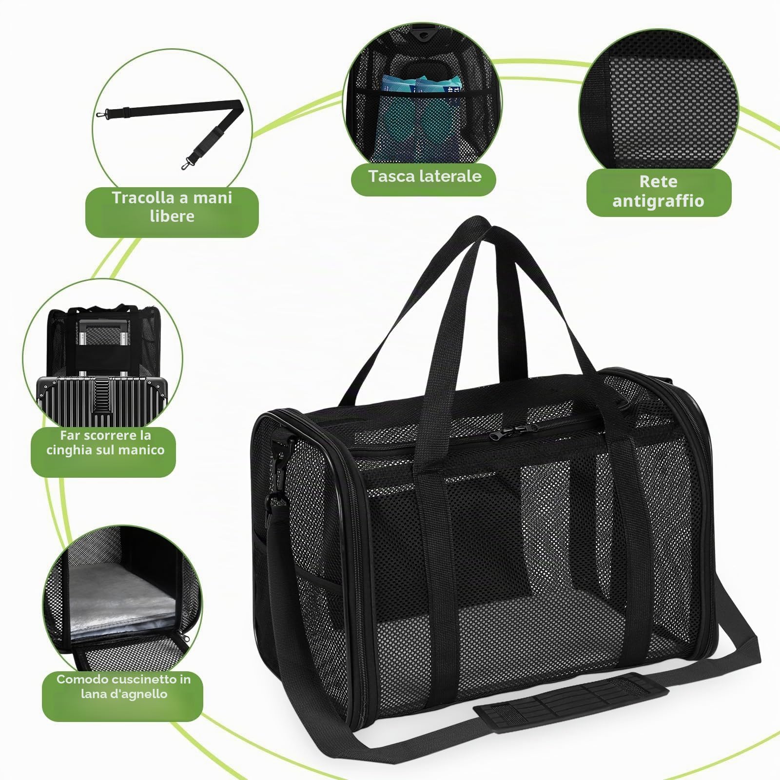 Borsa per gatti traspirante,Trasportino per Cani Portatile e Ripiegabile,Trasportino Gatto Cane,Trasportino per Gatti Con Tappetino Rimovibile e Tracolla,per Viaggio,Nero
