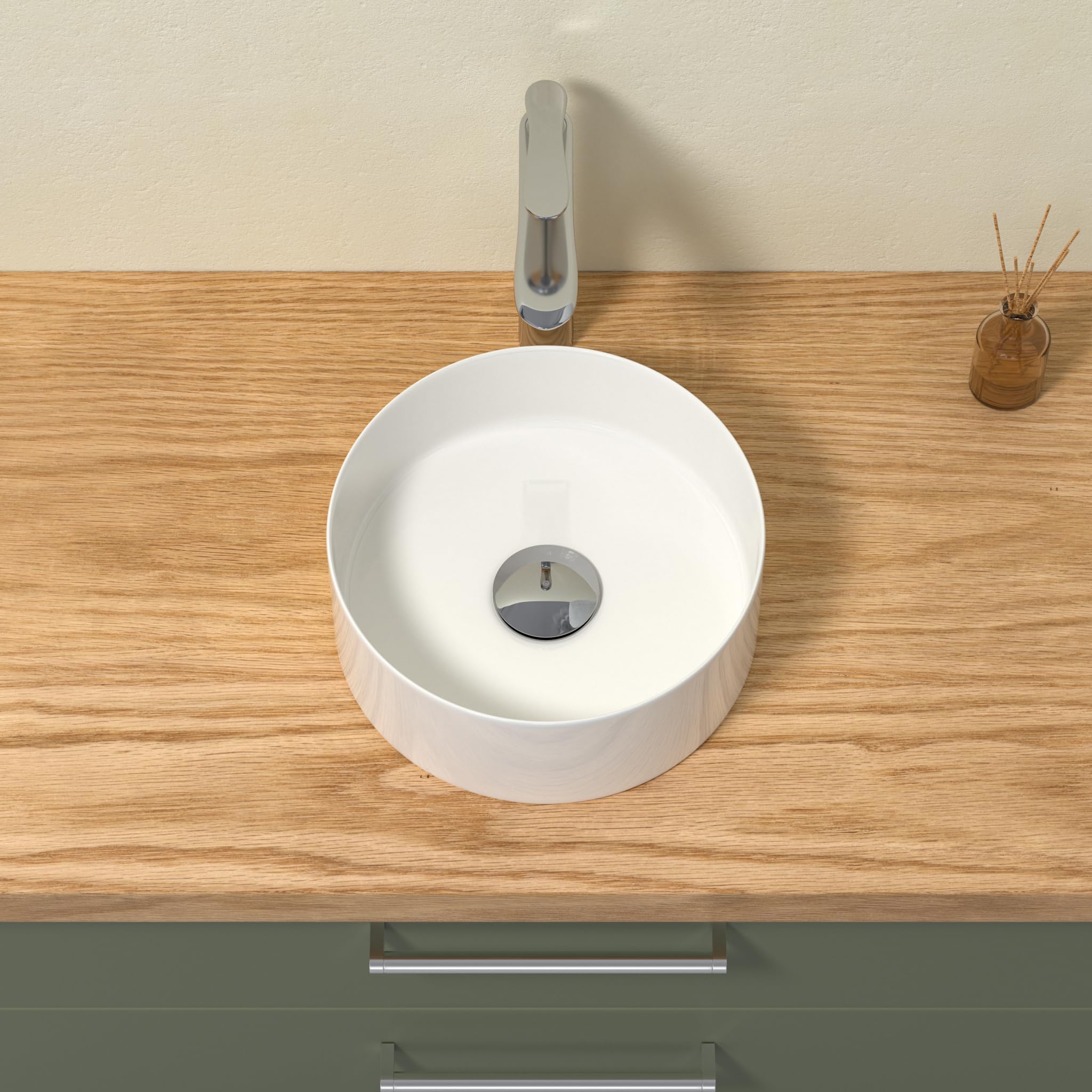 Lavabo rotondo, piccolo lavabo da appoggio, lavabo a mano in elegante design facile da pulire, per bagno e WC degli ospiti (bianco lucido, 31 x 31 x 11 cm)