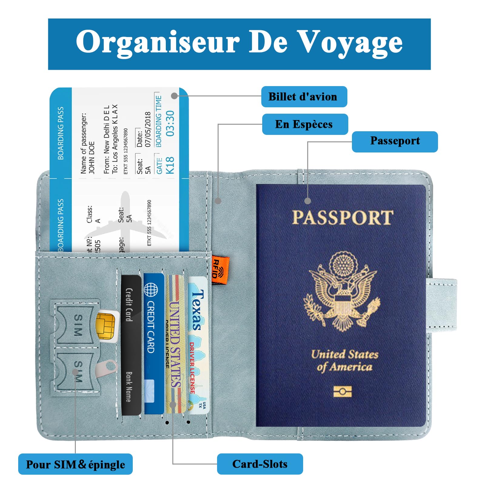 GADITIEK Protege Passeport et Etiquette Valise Set, Cuirs Protège Passeport avec Étiquette Bagage, Pochette Passeport avec RFID pour Protection Passeport, Voyage Francais Etui Passeport (Bleu)