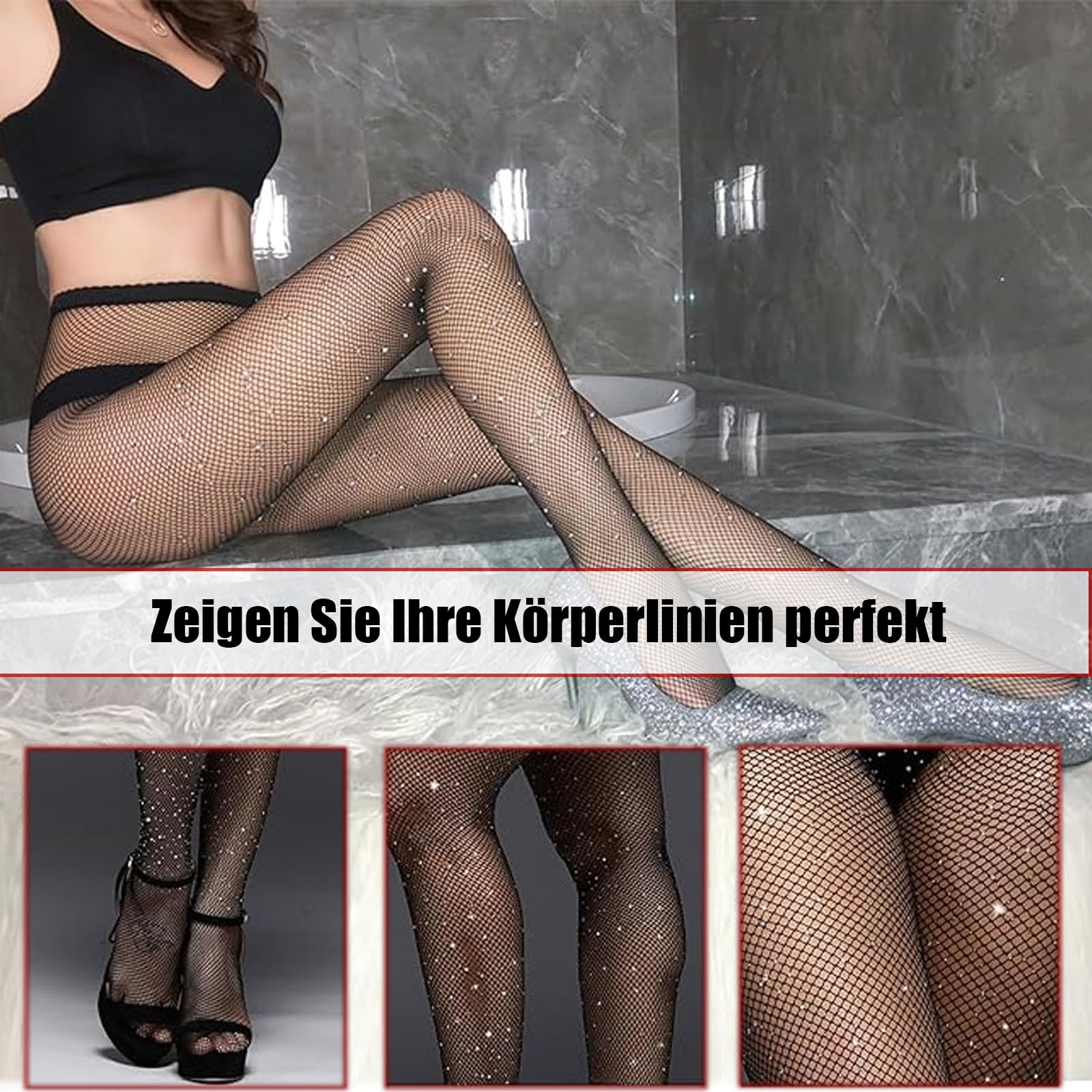 2 Stück Glitzer Strumpfhose Dame, Strass Netzstrümpfe mit Hoher Taille, Damen einteilige Netzhose mit langen Beinen, Glitzer Schwarz Strumpfhose Damen für Festival Fasching Party