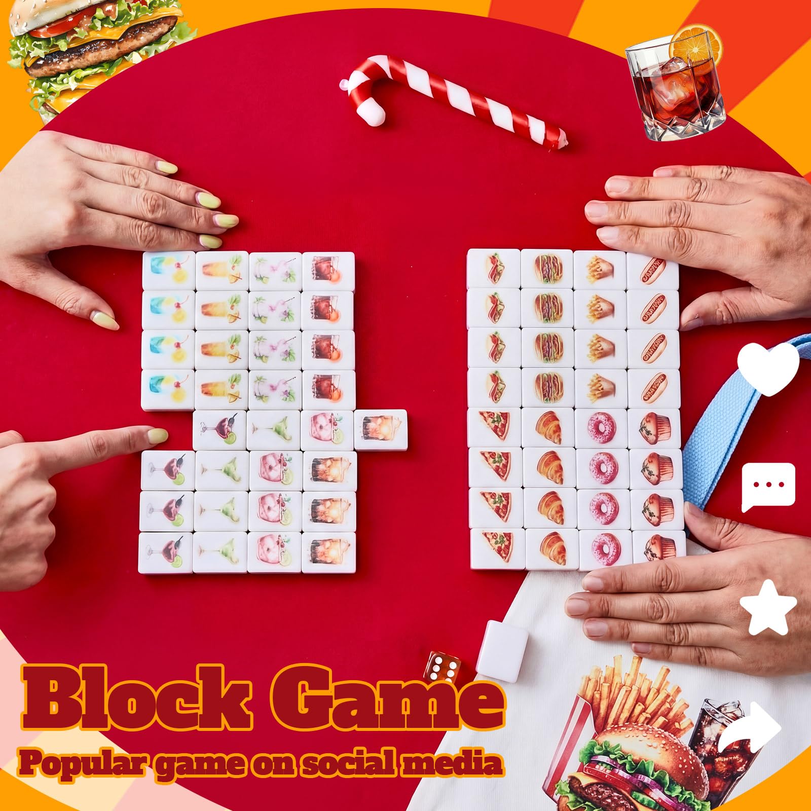 Hollowfly Juego de 65 bloques de mahjong de 30 mm con bolsas de almacenamiento para 2 jugadores, juego de mahjong, patrón de comida y bebida, no requiere bricolaje para amigos, familiares, juegos