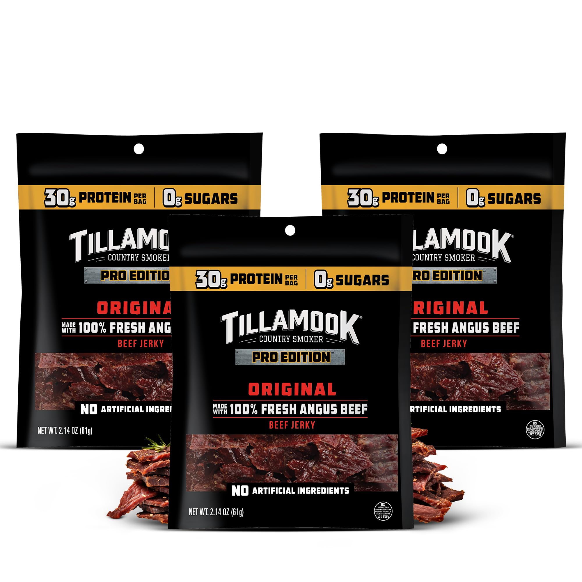 Tillamook Beef Jerky, Country Smoker PRO Edition, Zero Sugar Original, 2.14 Oz (3 Pack) Real Hardwood Smoked Fresh Angus Beef, Low Carb, High Protein Ready to Eat Keto Snack for Athletes, Gluten Free