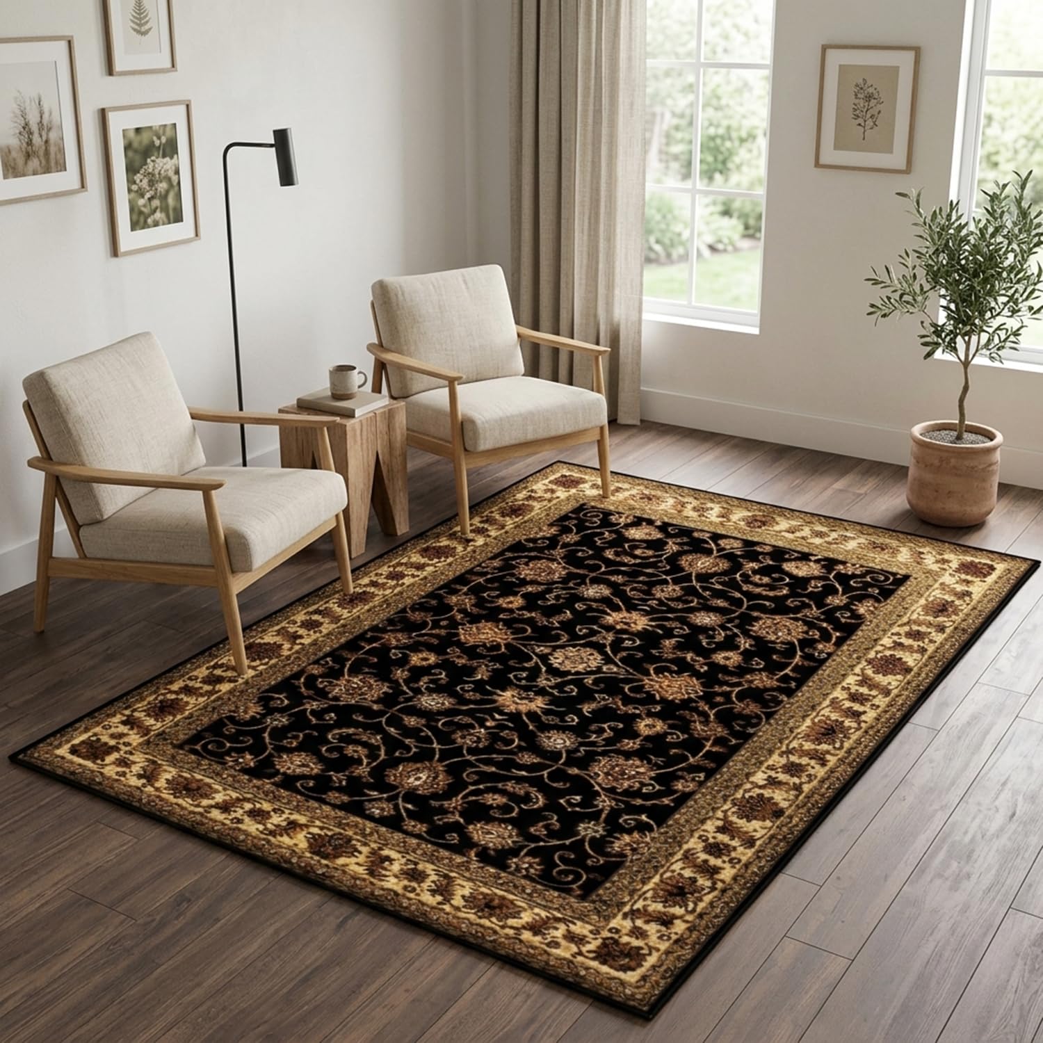 Rugs Graden Traditional Marrakesh Rug | Super Soft Floral VintageArea Rugs| Machine Woven Carpet for Kitchen Living Room, Bedroom & Hallway (Black 210, 160x230 cm)