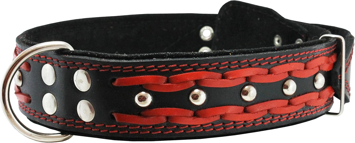 Genuine Leather Braided Studded Dog Collar, Red on Black 1.75" Wide. Fits 22"-27" Neck, XLarge.