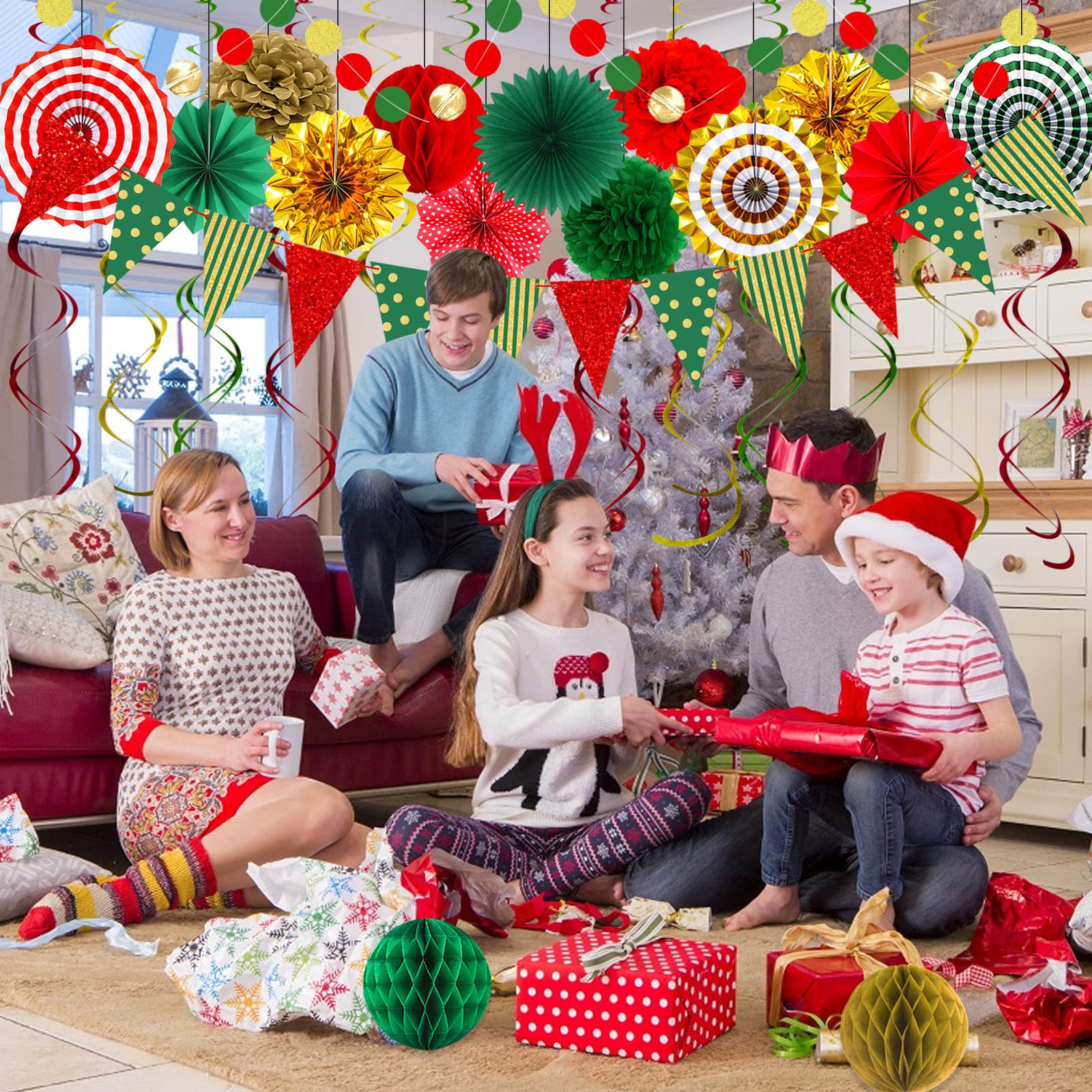 Banderas de triángulo de Navidad, banderín de papel rojo verde dorado para cumpleaños de Navidad, decoraciones de fiesta de Navidad, decoración de año nuevo