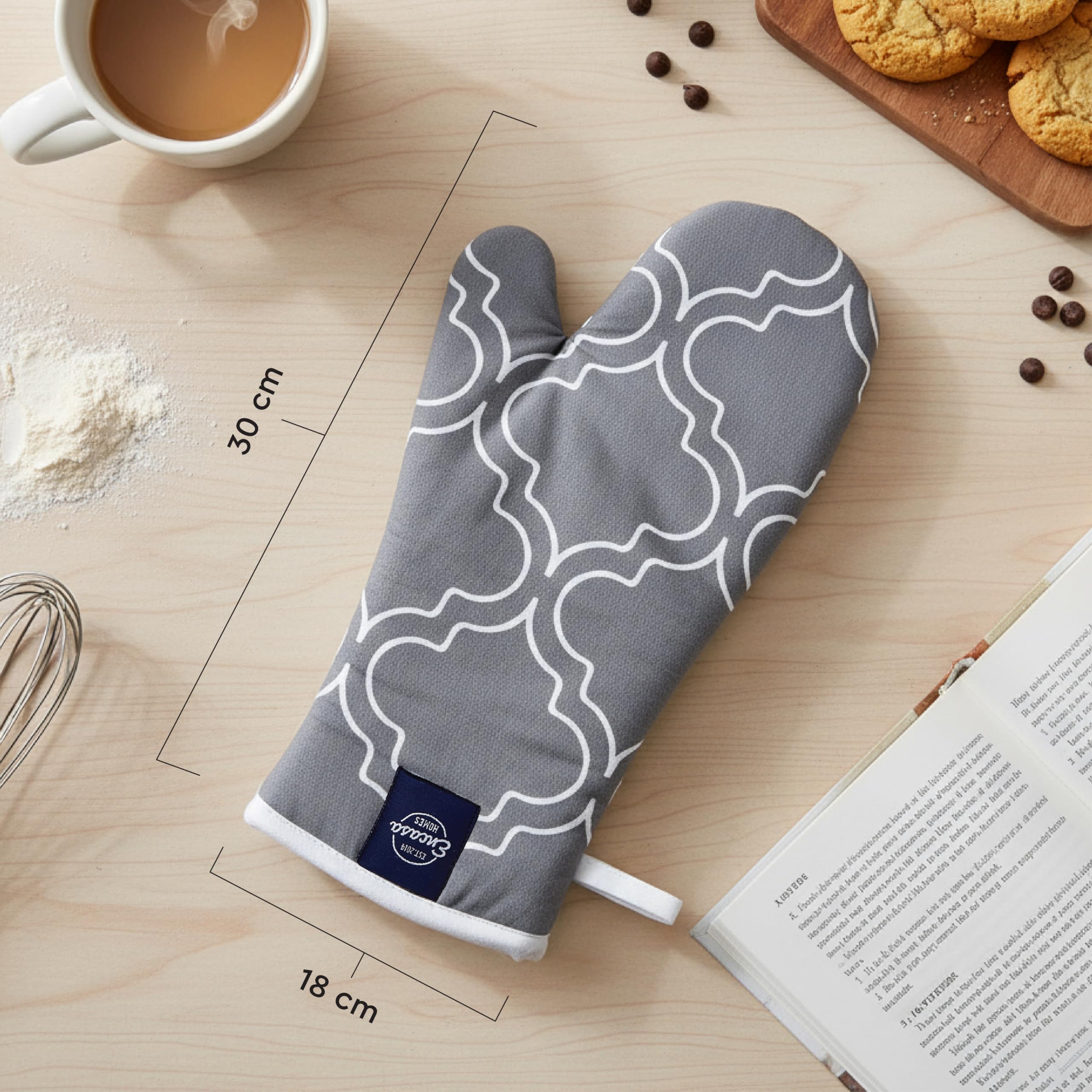 Encasa XO Guantes extralargos de 18 x 30 cm para microondas (2 unidades) para cocina - Gris enrejado - Resistente al calor, gruesos y seguros, protección de manos contra utensilios calientes, llama de