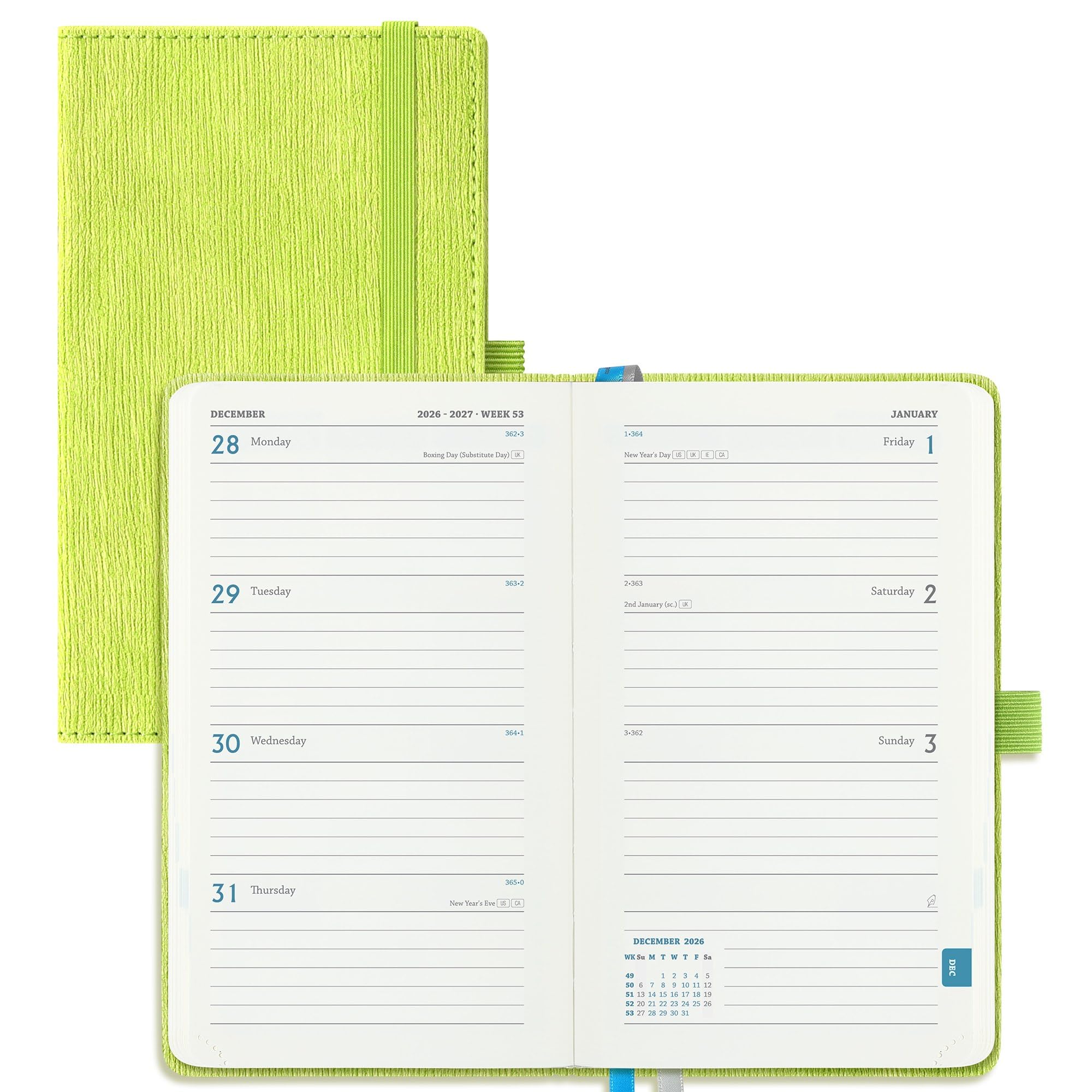 IN-LUXPRO Academic Diary 2026-2027 Week to View Pocket A6 (16.4x9.5 cm) 18 Months (Jul'26 - Dec'27) Mid Year Diary 26/27 Weekly Planner with Timeslots& Month Tabs, PU Leather Apple Green
