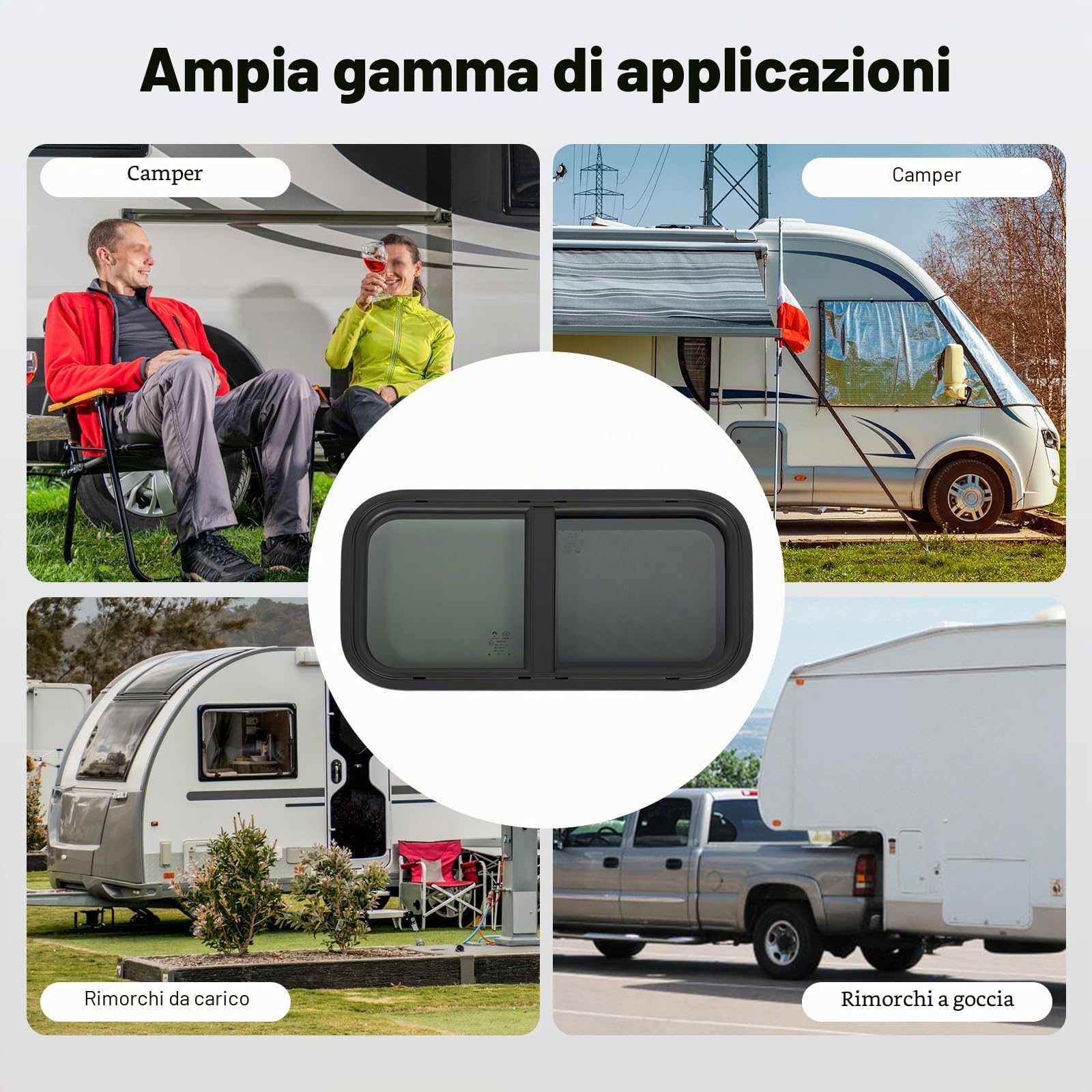 Finestra Scorrevole per Camper 60x30cm, Vetro Nero con Zanzariera, Vetro Temperato Tinteggiato 25%, Finestra di Ricambio per Roulotte Furgone, Doppia Installazione, Alluminio