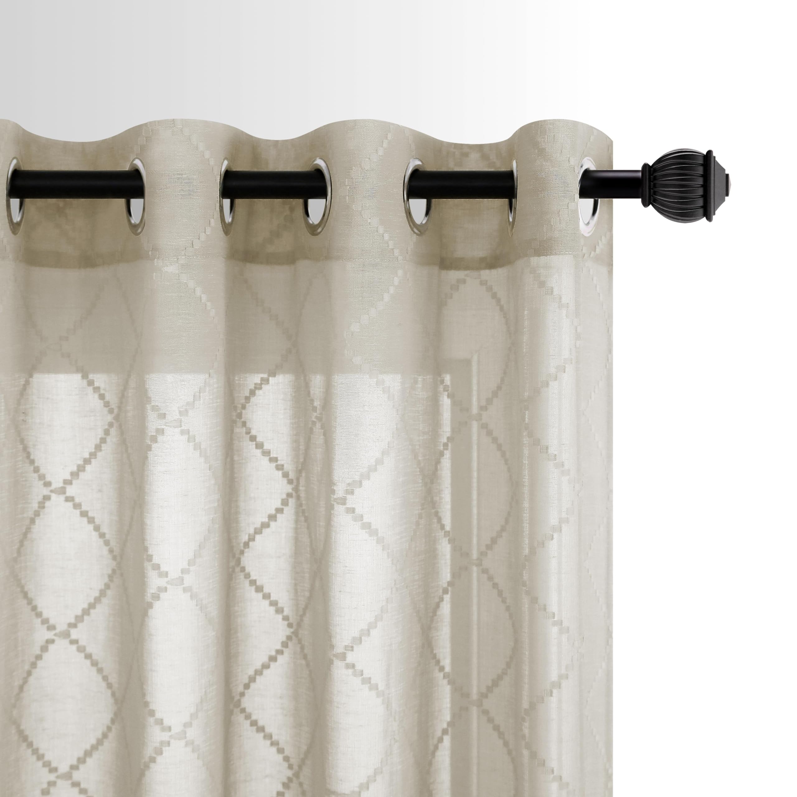 KOUFALL Faux Linen Textured Sheer Curtains 63 Inch Length for Living Room Bedroom Moroccan Check Brown Diamond Lattice Embroidered Grommet Voile Panel