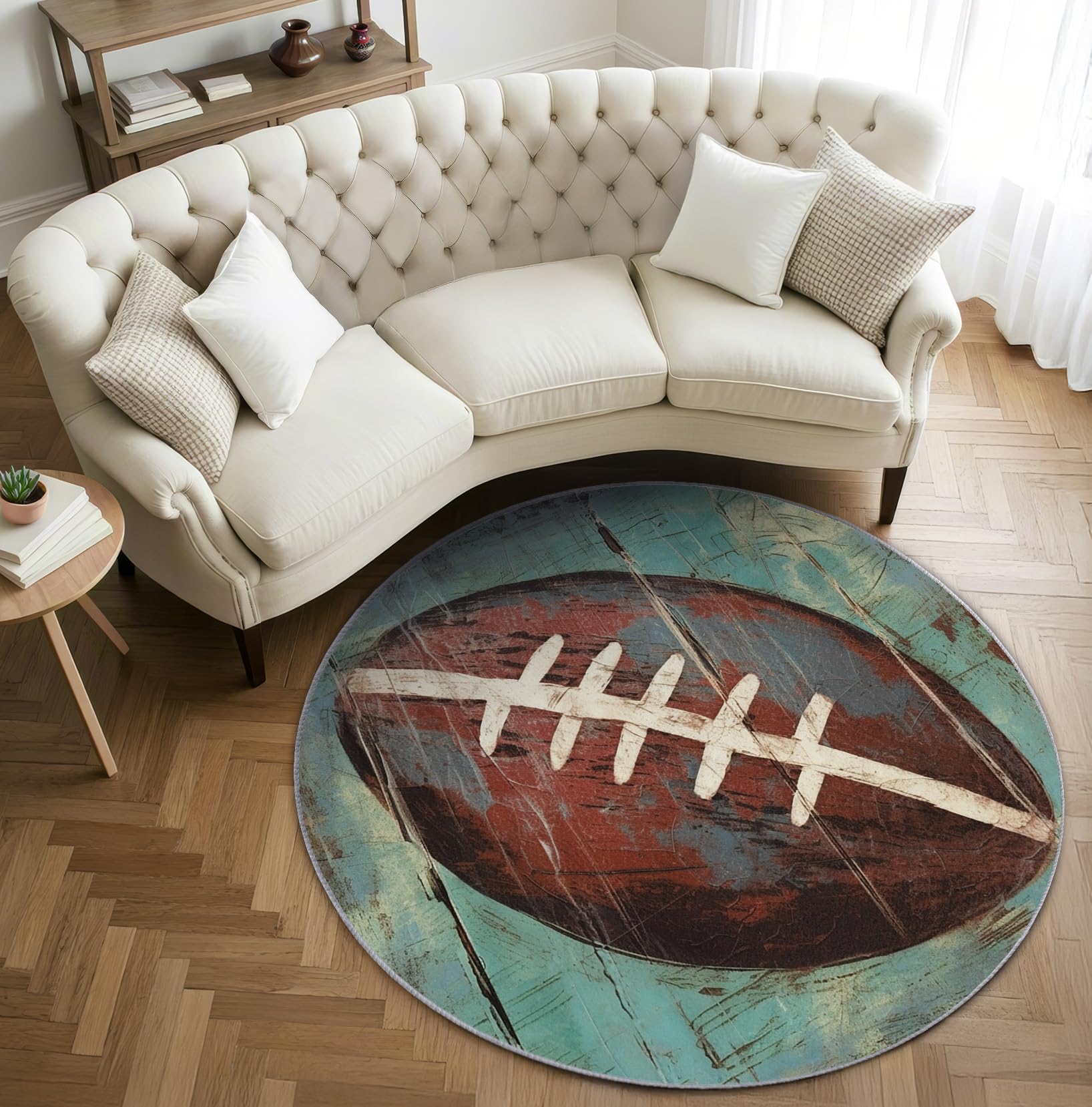 American Football Teppich Rund 120cm Kurzflor - Waschbare Teppiche Wohnzimmer Rugby Sportmotiv Jungen - Runder Teppich 120 Durchmesser Kinderzimmer - Bettvorleger Schlafzimmer Rutschfest Weich