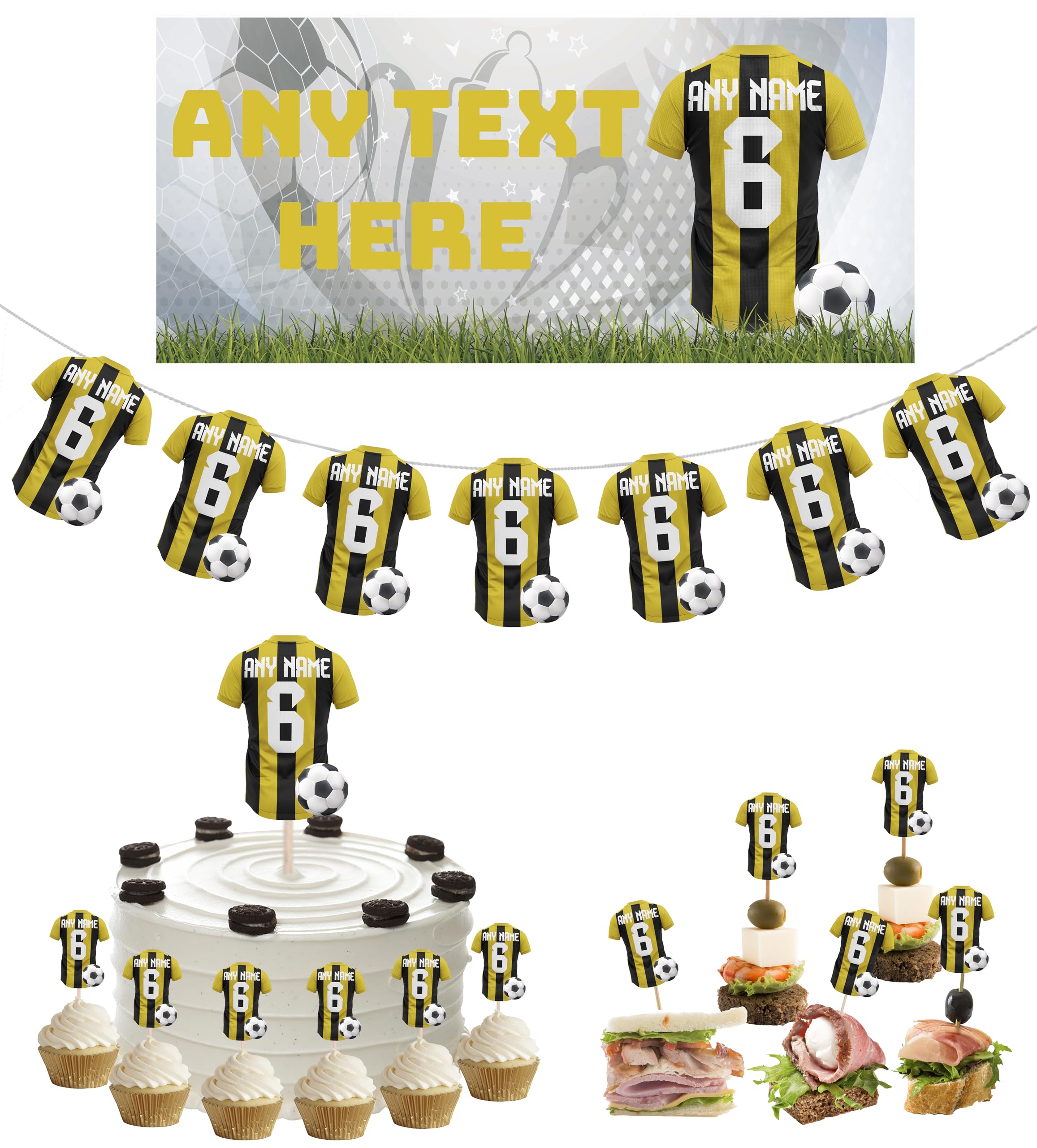 Personalised Football Party Decorations Pack with Banners, Bunting, Food Picks (YELLOW/BLACK STRIPED SHIRT)