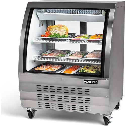 PEAKCOLD Small Curved Glass Deli Case - 36" Refrigerated Display Case for Deli, Bakery, and Cafe - Commercial Grade, 10 Cu. Ft. Capacity, LED Lighting, Adjustable Shelves