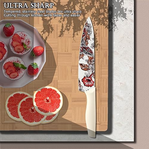 Miniatura 6 de Marco Almond Juego de cuchillos de cocina de diseño artístico, 6 cuchillos de cocina de acero inoxidable con 6 protectores de cuchillas, regalos