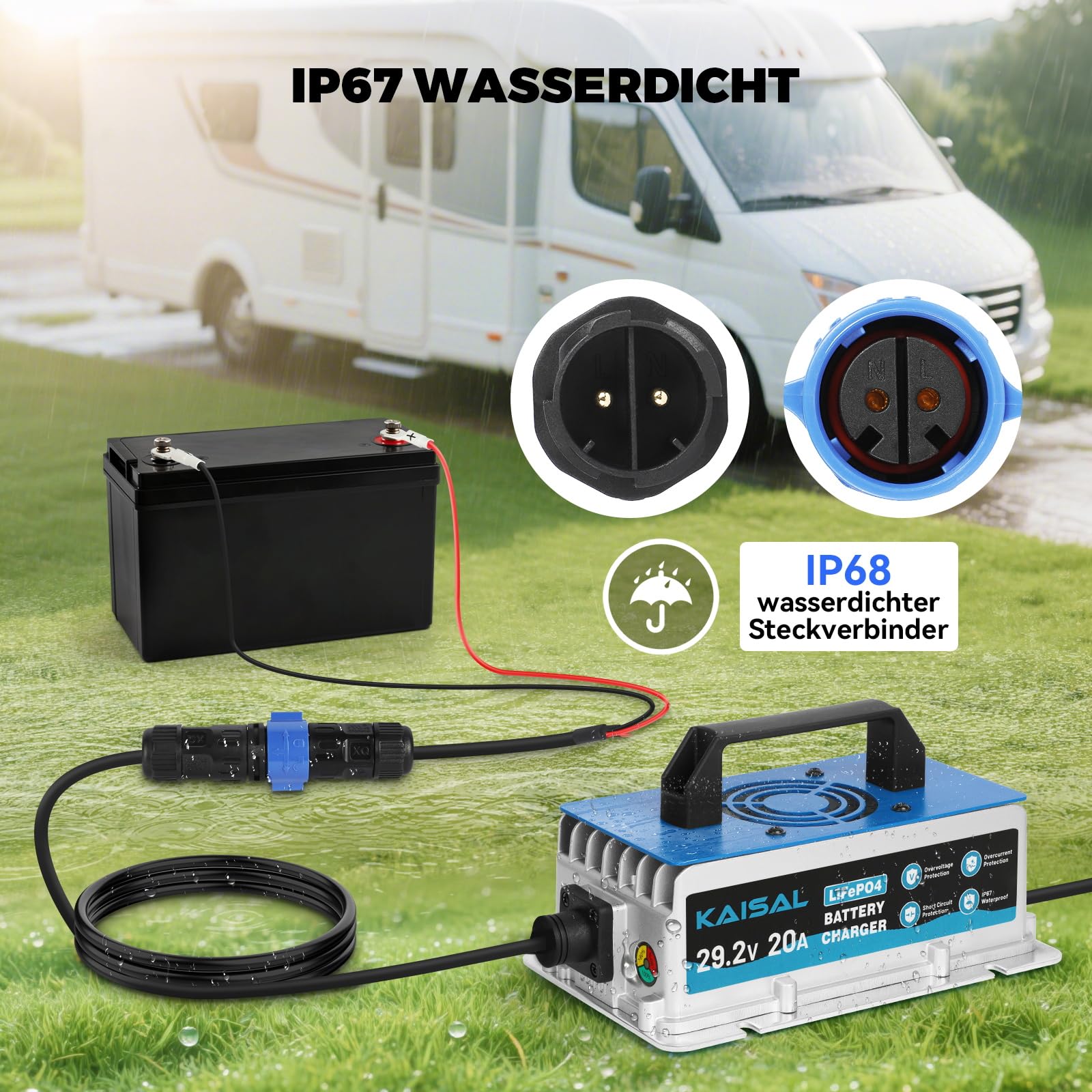 KAISAL 29.2V 20A LiFePO4 Ladegerät, LiFePO4 Batterieladegerät | für 24V/25.6V Lithiumbatterie, 0V Aktiviert, IP67 Wasserdicht, 24V Lithium Batterie Ladegerät für Wohnmobil, Boot, Solar