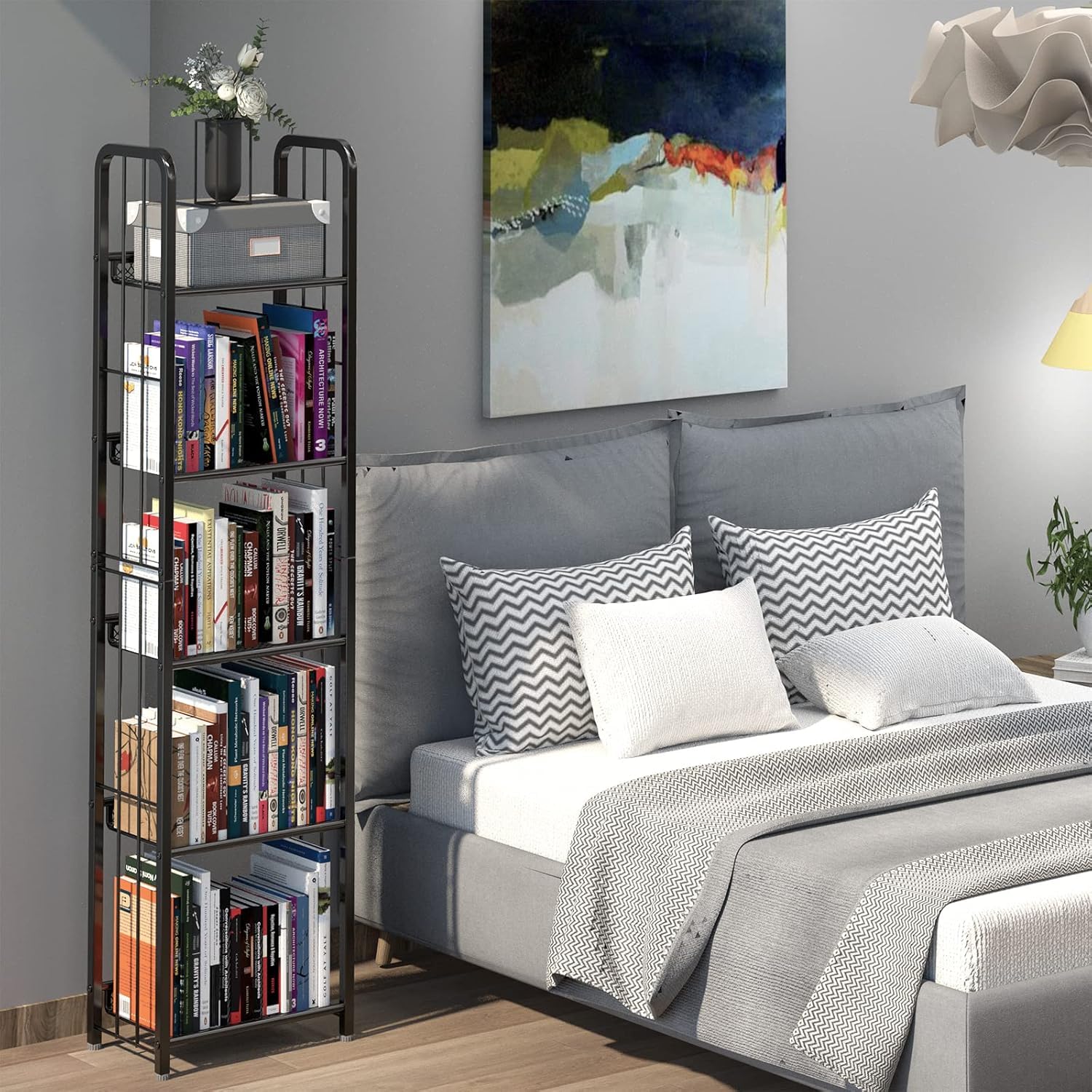 Estantería de 5 niveles, estantería independiente, estantería de oficina, estantería de pie, marco de metal estable, estantería de almacenamiento para salón, dormitorio, oficina, estudio, estilo