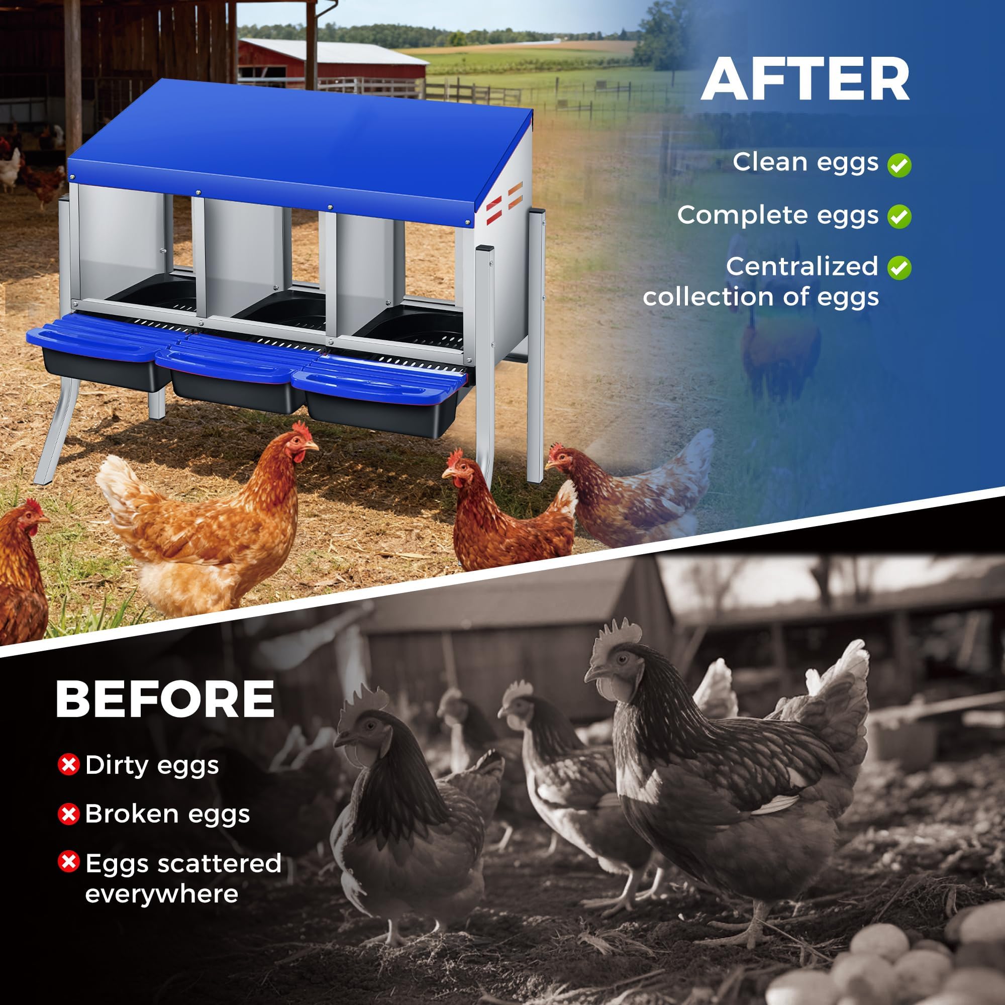 Garvee Nido per Galline Ovaiole in Metallo Zincato, 3 Scomparti con Supporto Indipendente e Vassoio Estraibile, Design Roll-away per Raccolta Uova Pulite, Facile da Pulire, 78x51x51 cm, Blu