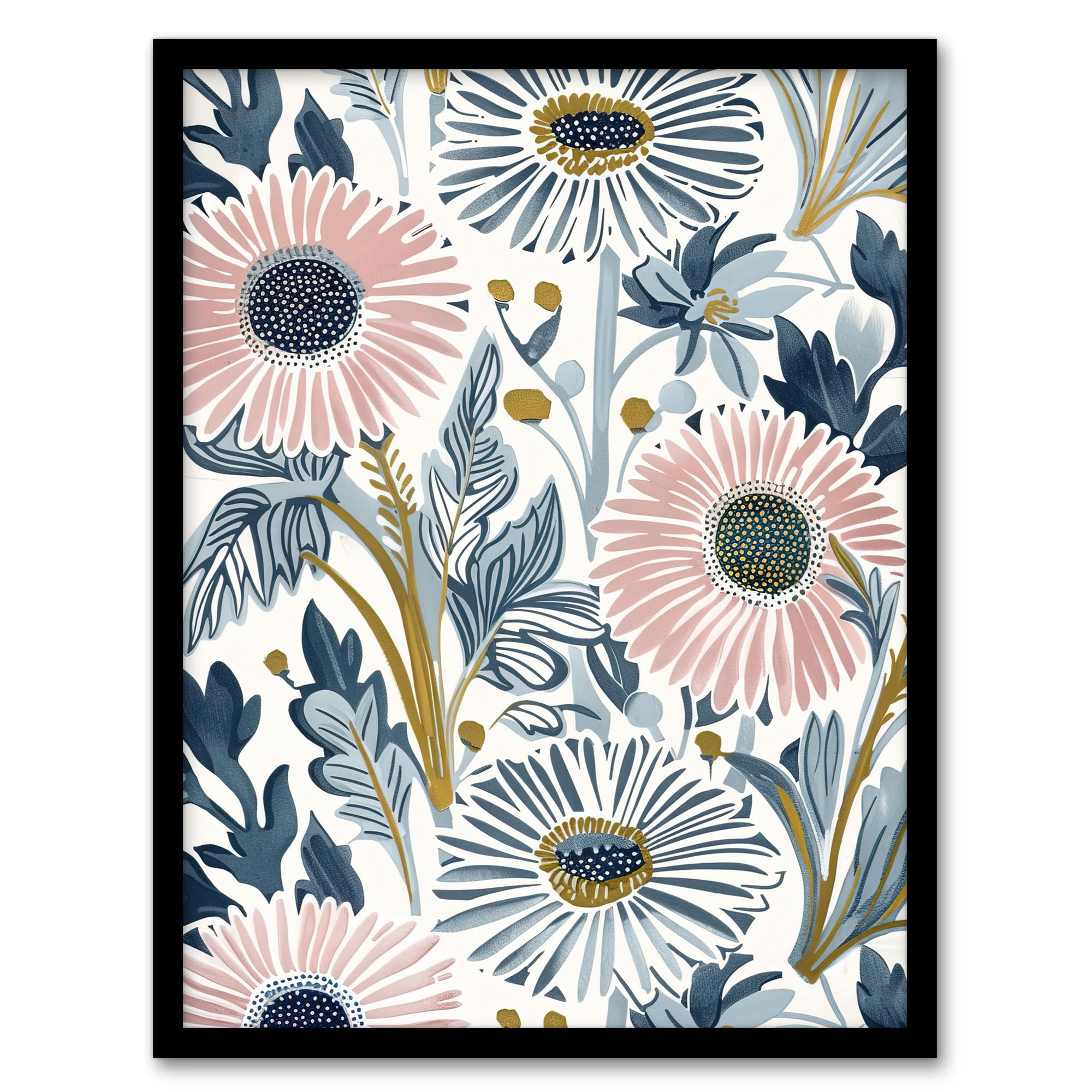 Artery8 Pink Blue Aster Wildflowers Bright Floral Design Living Room Artwork Framed Wall Art Print A4