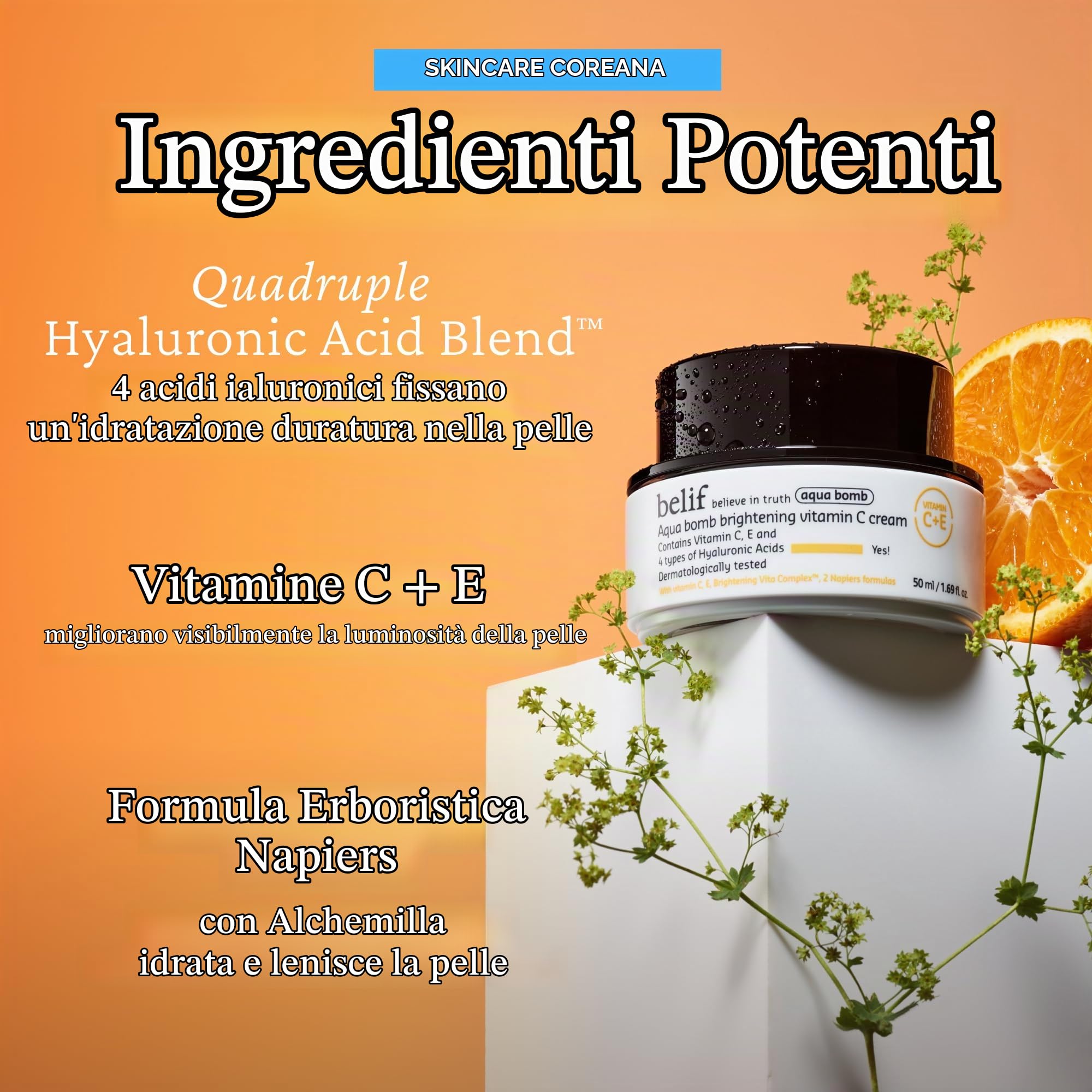 Belif Aqua Bomb Brightening Vitamin C Cream 50ml, Crema Idratante Illuminante, Acido Ialuronico Vitamina C+E, Vegano Crema Viso, Pelle Tutta, Crema da Giorno, Cura della Pelle, Cura del Viso, Coreani