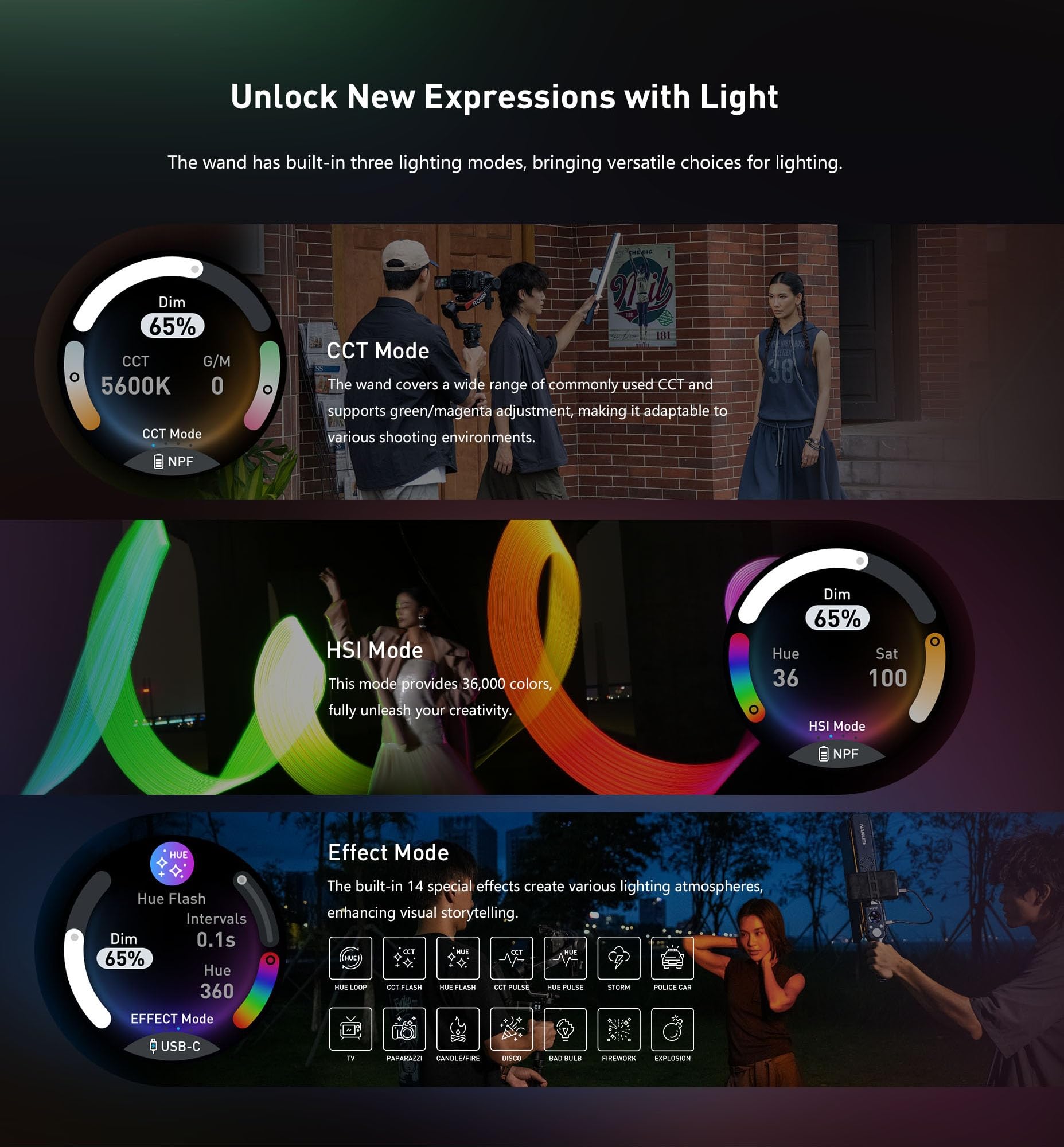 NANLITE Bastone 30W RGB LED Handheld Stick Video Luce,2700K a 7500K Bi-Colore,Controllo APP Luce di riempimento per la registrazione video, Live Streaming