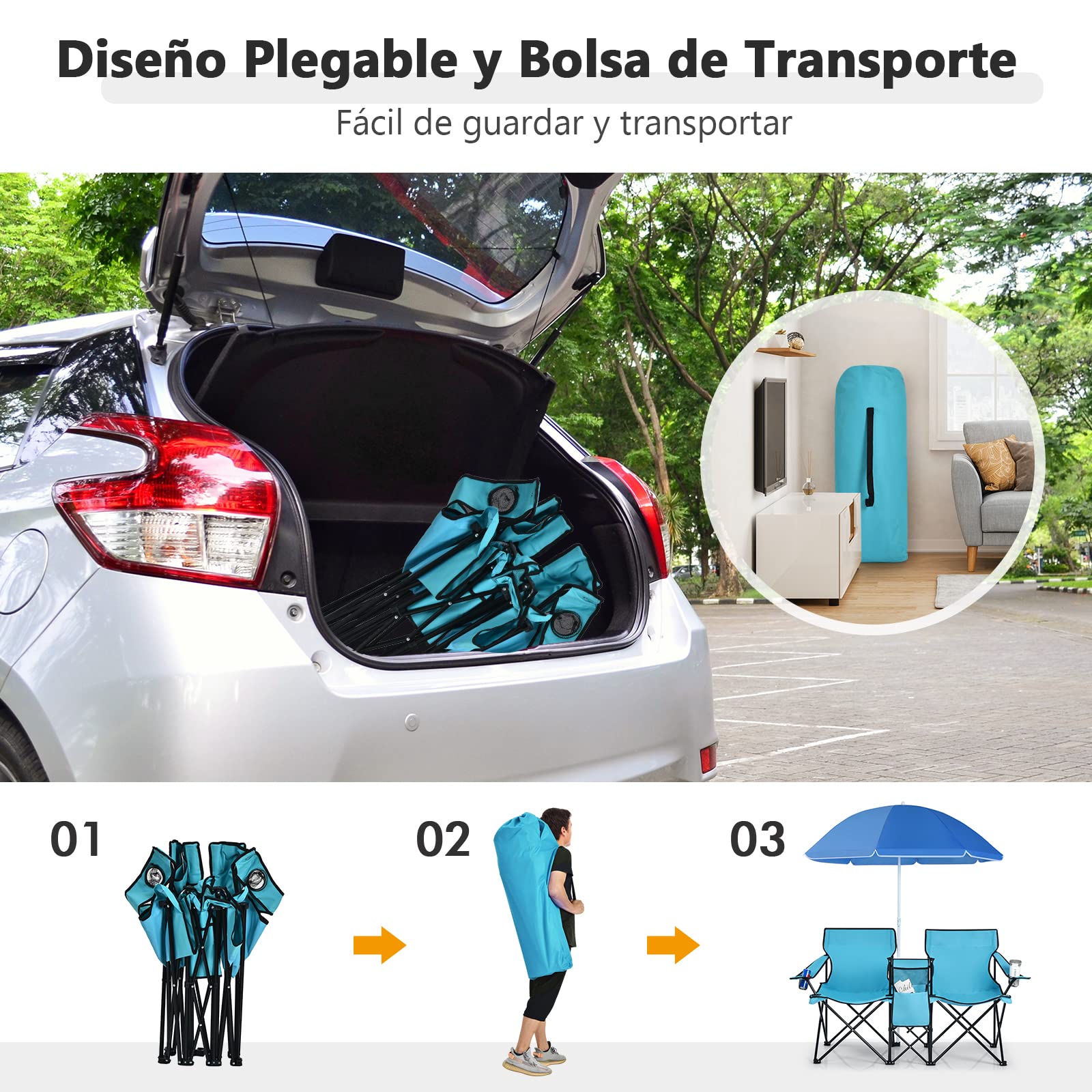 COSTWAY 2 Sillas de Camping con Sombrilla, Sillas Playas Plegables Doble, Portavasos, Bolsa Nevera, Bolsilla Lateral, Bolsa de Transporte, Exterior Picnic Senderismo Barbacoa, 160x56x178cm (Verde)
