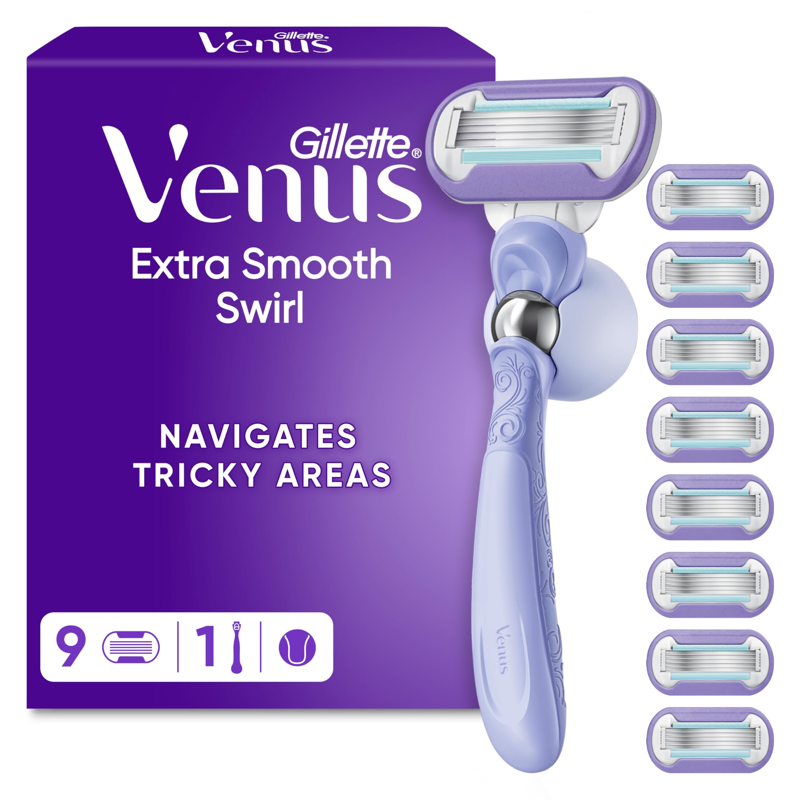 Gillette Venus Extra Smooth Swirl Women's Razor, 1 Handle & 9 Blade Refills - 5-Blade System, Up to 30 Days of Smooth Shave Per Refill