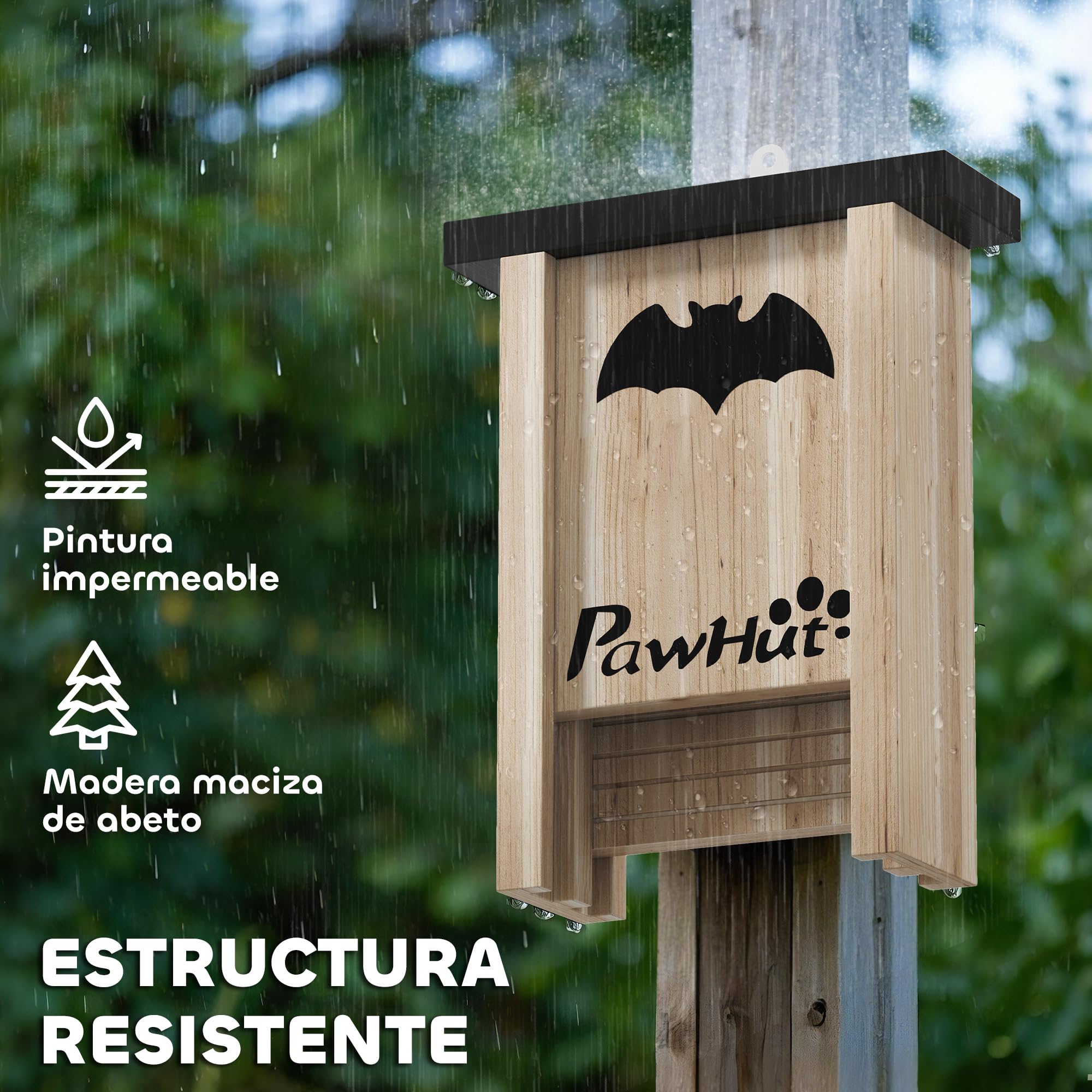 PawHut Pack de 3 Casas para Murciélagos de Madera Maciza, Cajas para Murciélagos, Resistente a la Intemperie, para Exterior, Jardín, Huerto o Granja, con Plataforma de Aterrizaje, Fácil de Colgar