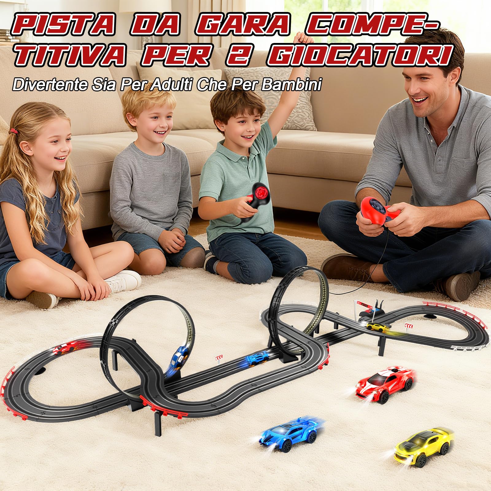 JONRRYIN Piste Corsa Elettriche, 1:64 Pista Macchine Telecomandate Extra-Lungo Piste Auto - 4 Led Macchine, USB, Comandi, Contatore, Passaggio A 360°, Giocattoli Regali Piste Corsa Bambini 3+ Anni