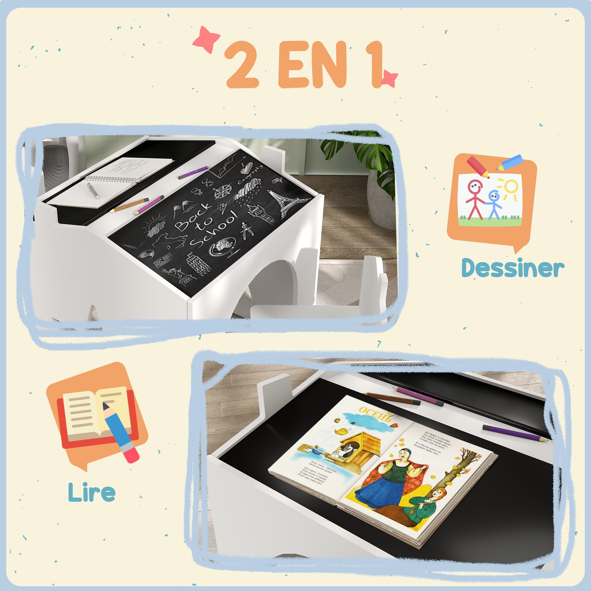 AIYAPLAY Ensemble 1 Table et 2 Chaise 3 Pièces pour Enfants 3-8 Ans Blanc