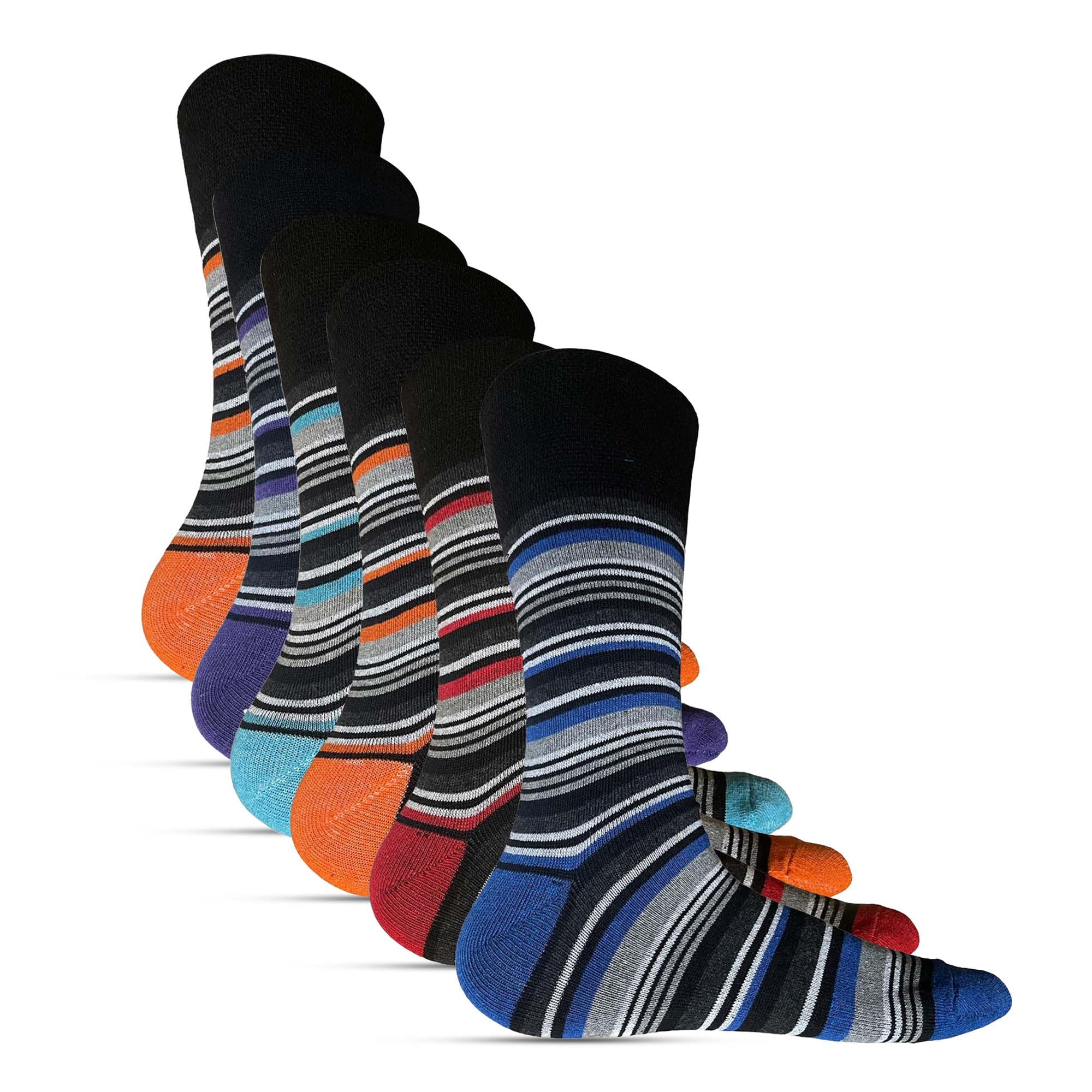 Rozgul Men's Multicolor 6 Pairs Non Elastic Diabetic Striped Easy Grip Loose Soft Top Rich Cotton Socks Uk Size 6-11