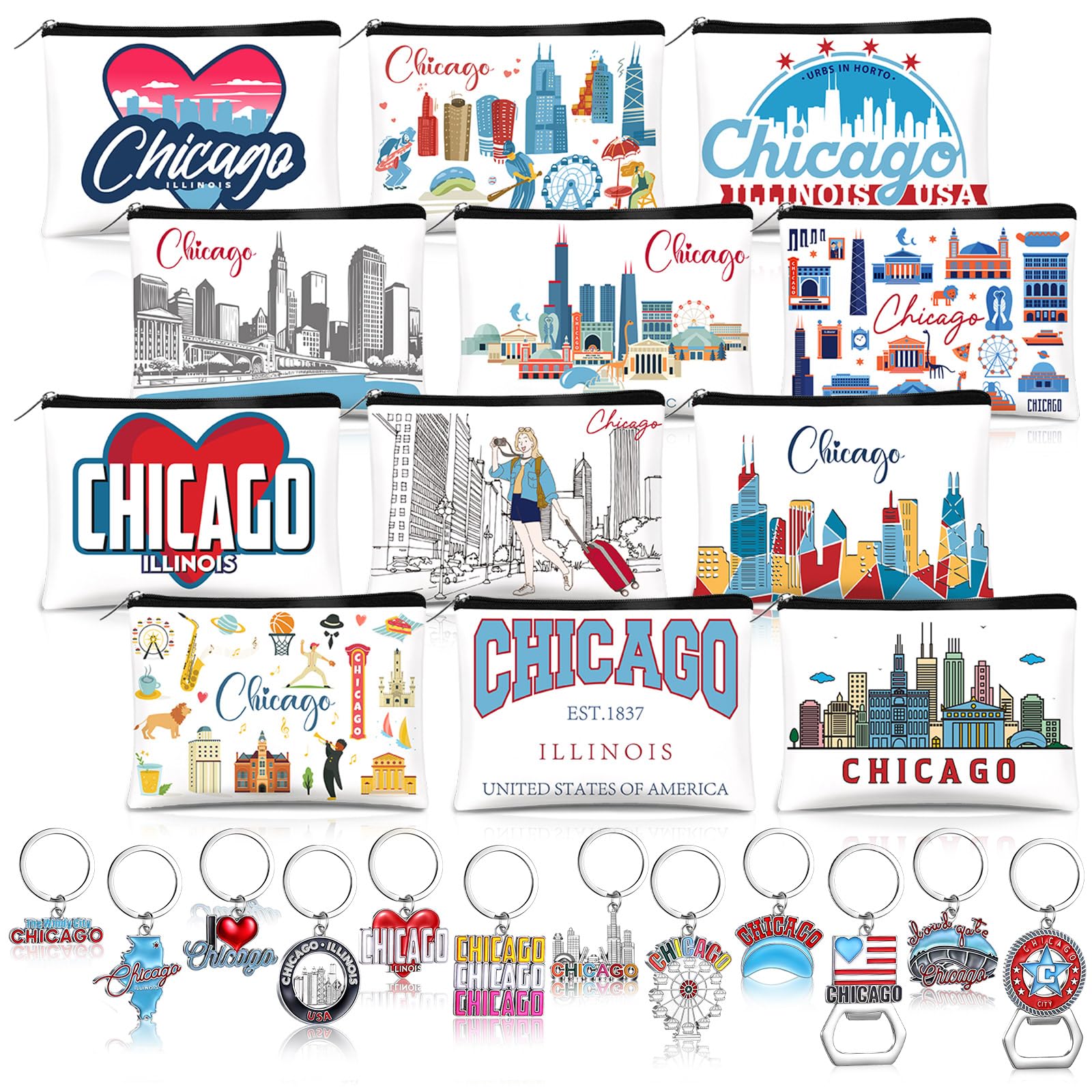 Reginary 24 Pcs State Souvenir Gifts 12 Metal Keychain 12 Cosmetic Bag USA Souvenir Themed Gifts for Traveler Christmas Party(Chicago)