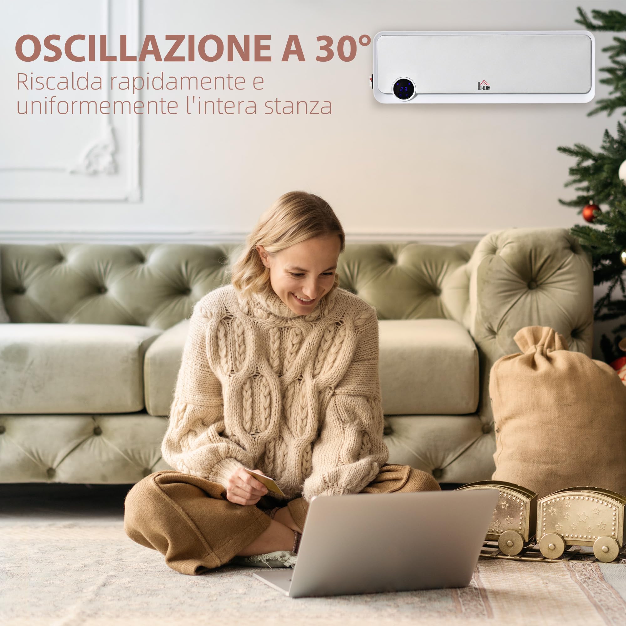HOMCOM Stufa Elettrica da Parete PTC 56x18.5x11.7 cm Bianco e Argento | Basso Consumo, 3 Modalità, Timer 12h, Oscillazione 30°, Termosifone Elettrico in PP e PA, con Telecomando