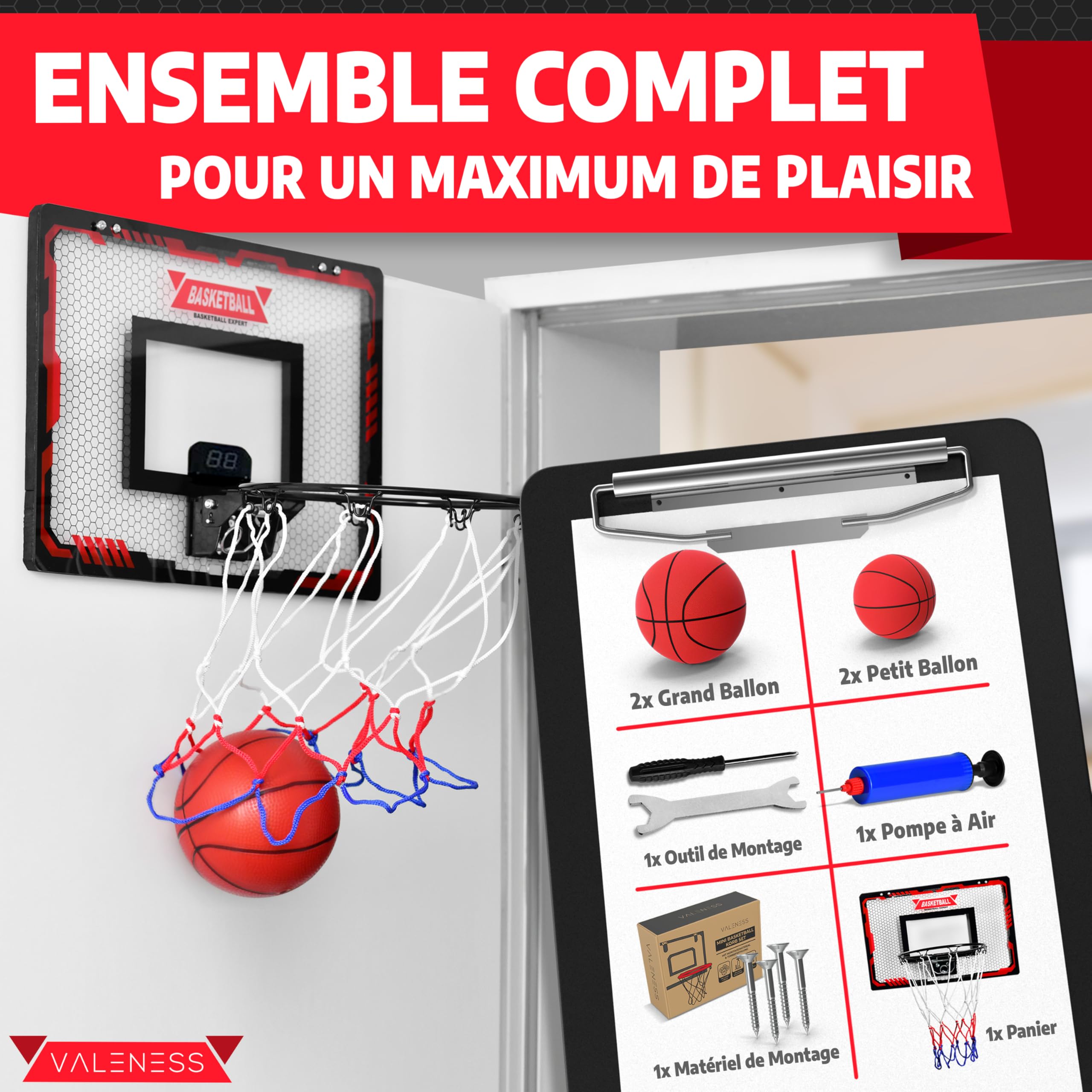 VALENESS® Mini Panier de Basketball Intérieur [pour Porte & Mur] - Petit Panier de Basket avec Fonction Dunk, 4 Ballons, Pompe & Accessoires de Fixation - pour Enfants et Adultes