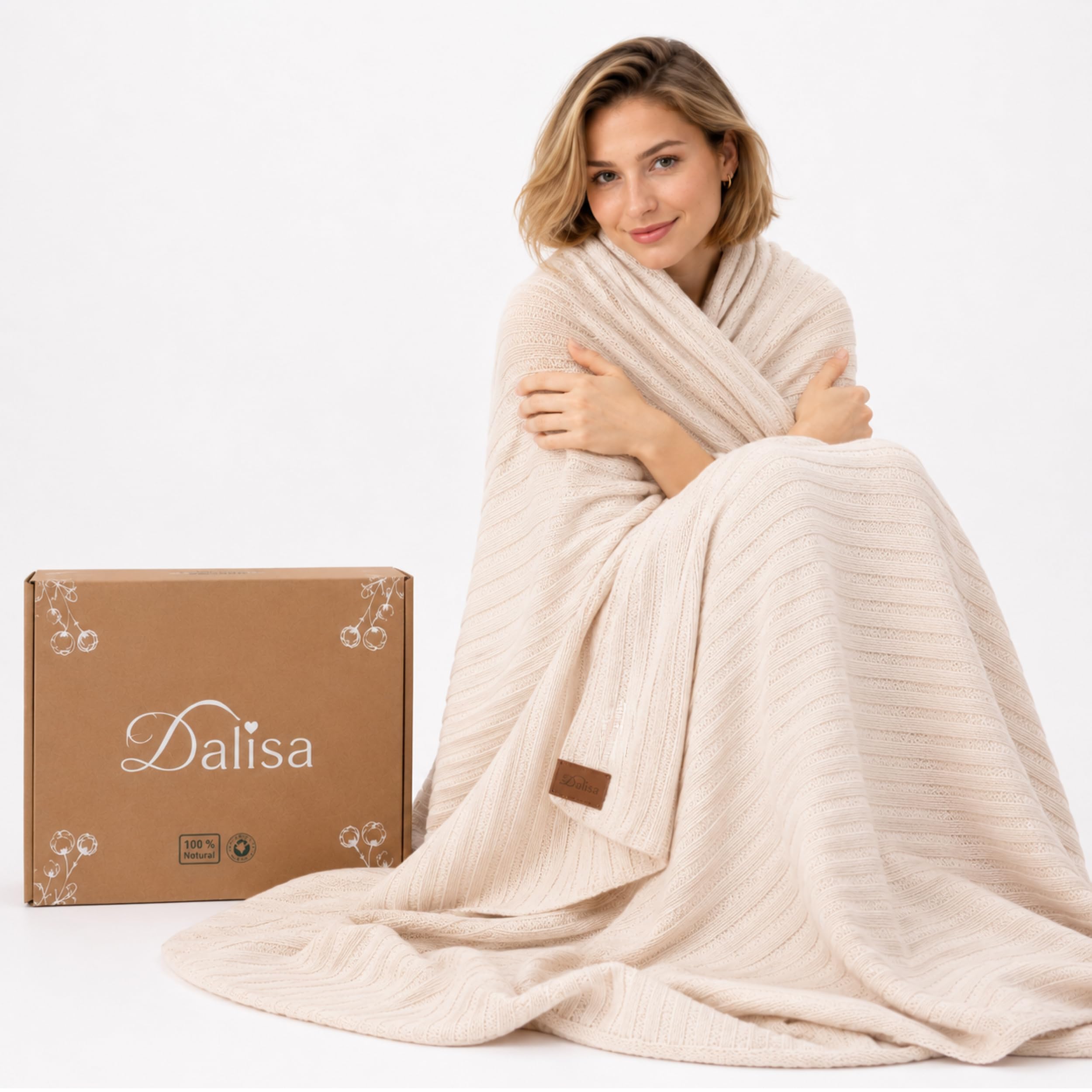 Dalisa Denise Organic Turkish Cotton Throw Blanket 150 x 200 cm, Earth Ivory – GOTS Certified, Soft Knit for Sofa & Bed, Boho Vintage Design, Machine Washable