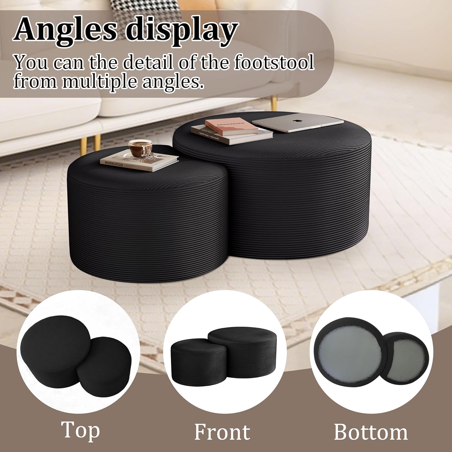 BSHOMGI Nesting Coffee Table Set of 2, Upholstered Round Corduroy Circle Foam Round Side Table for Living Room, Entryway Set, 32"+17" Footrest No Assembly (Black, 32"+17")