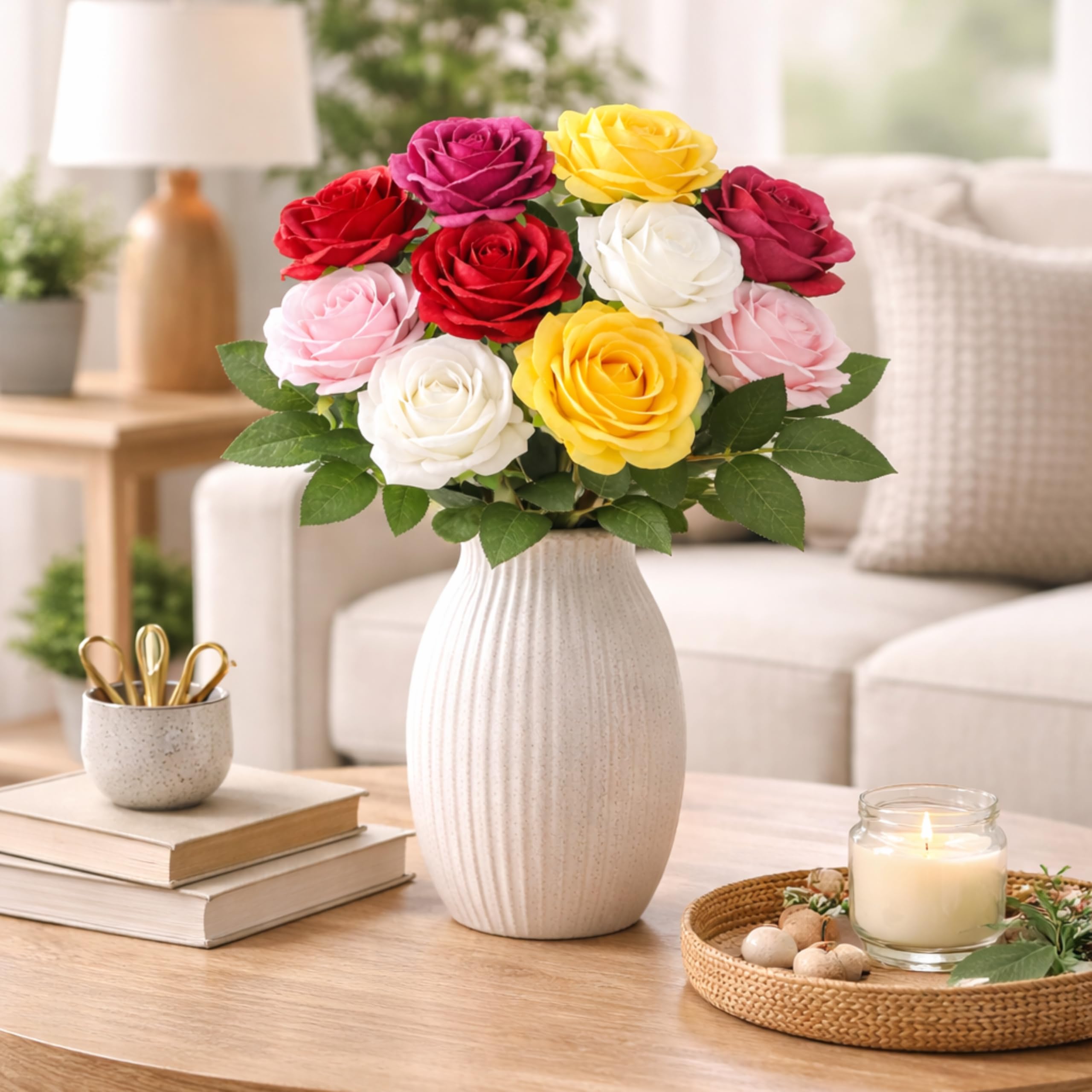 Dekorly Artificial Silk Rose Bouquet - 10 Long Stem Flowers -5 Dekorly Artificial Silk Rose Bouquet - 10 Long Stem Flowers -5