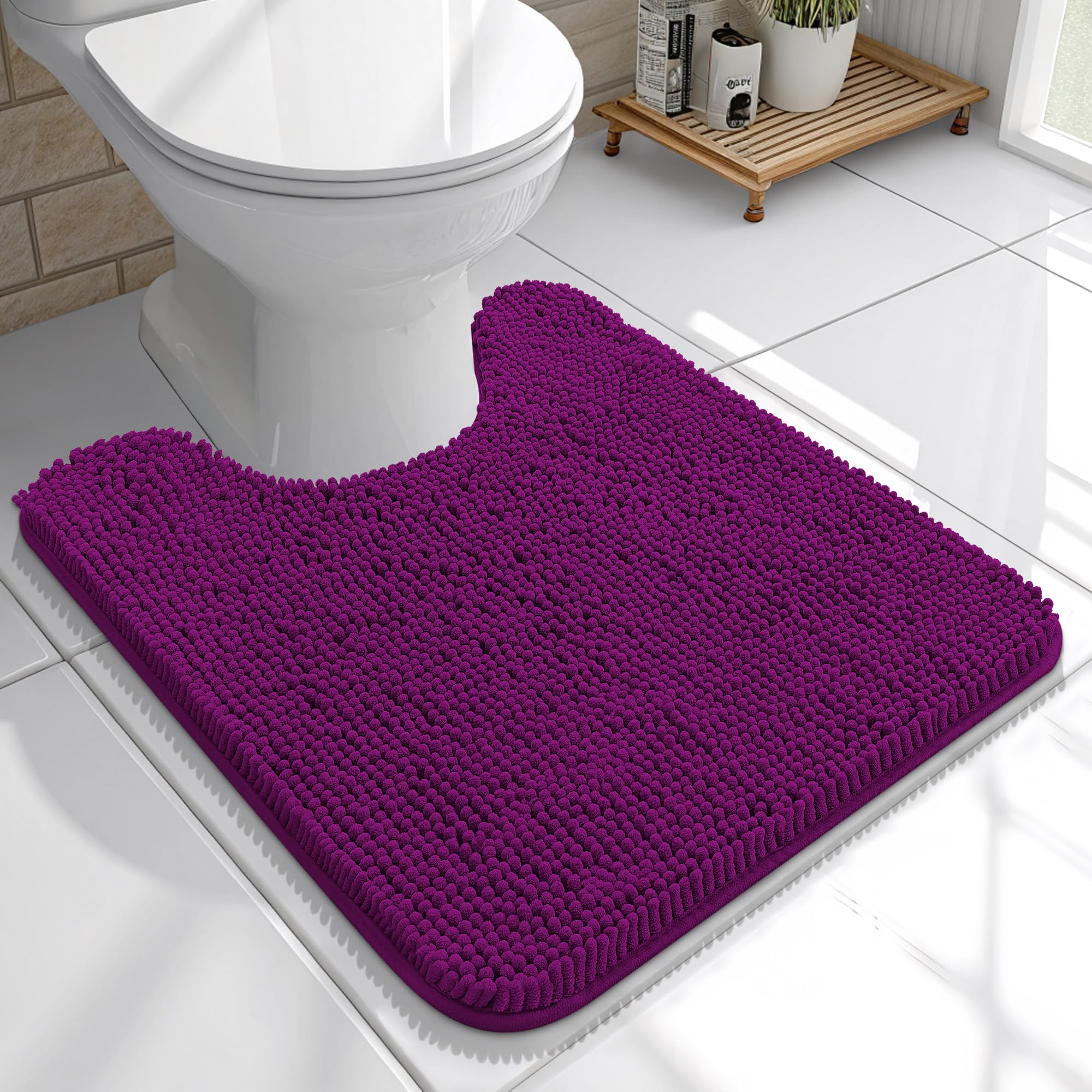 OLANLY Toilet Rugs U-Shaped 20x20, Soft Absorbent Chenille Contour Rugs | Purple, Quick-Drying Rubber Backing, Machine Washable Non-Slip Shaggy Bathroom Mat for Toilet, Home Decor Accessories
