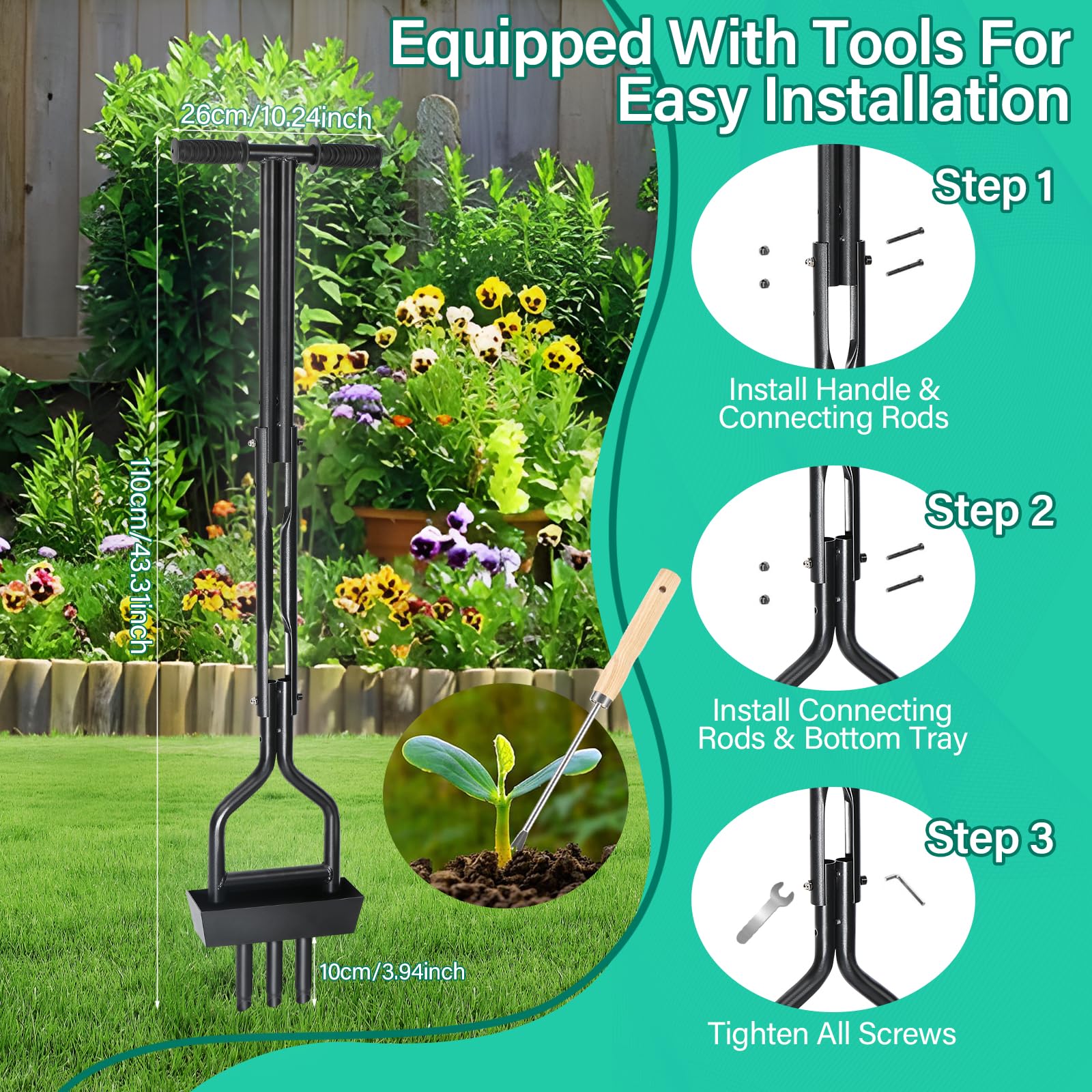 Aireador Cesped, 110cm Aireador Cesped Escarificador Cesped Manual, Aireador de Césped de Jardinería, Escarificador Cesped Manual para airear césped, Suelos con 3 Clavos de Acero Macizo de 10CM
