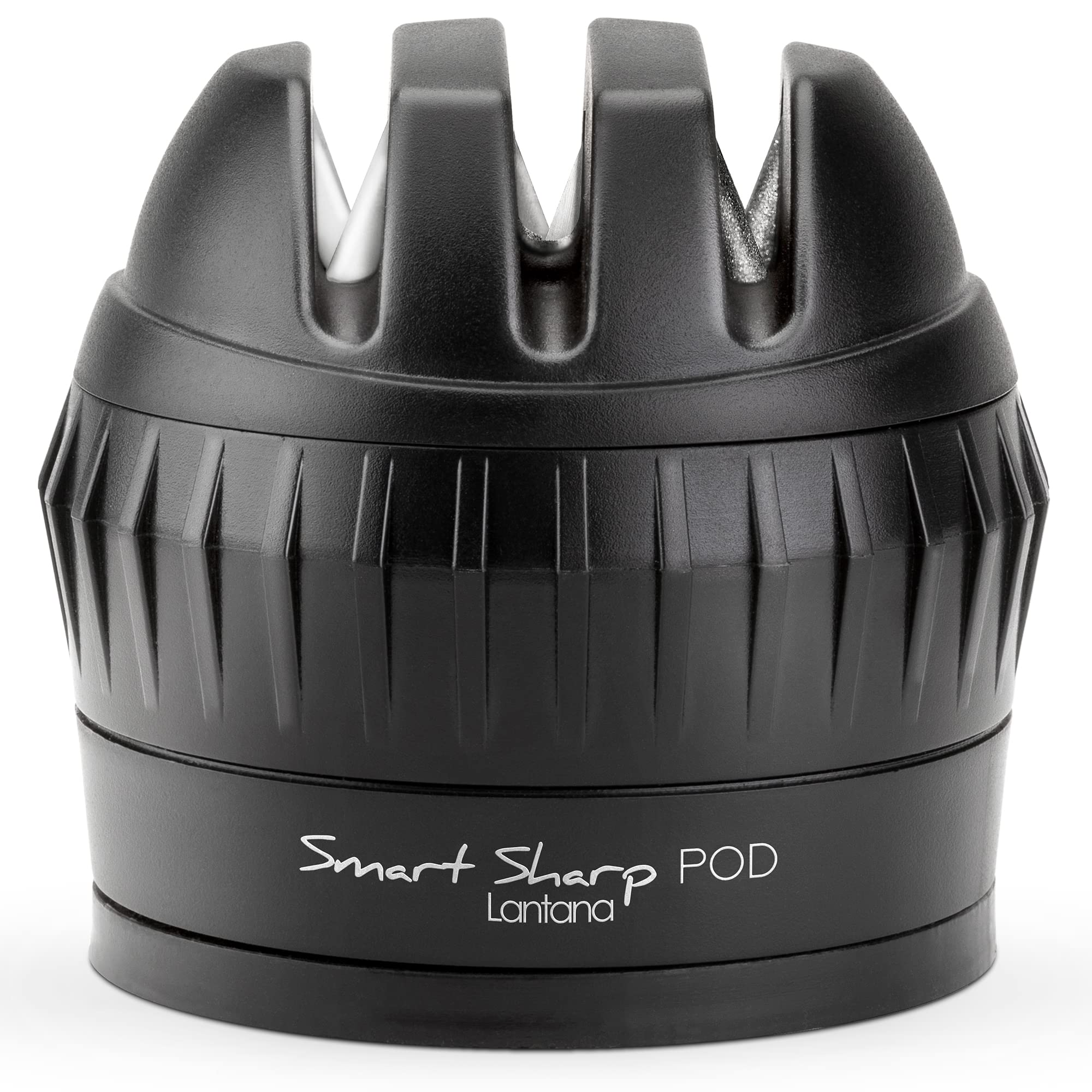 Lantana Smart Sharp POD Knife Sharpener - 3 Stage Manual Sharpening for Kitchen Knives - Ceramic Stone, Tungsten Carbide Plates, Diamond rods. Suction Cup Fixing, Black/Chrome Finish