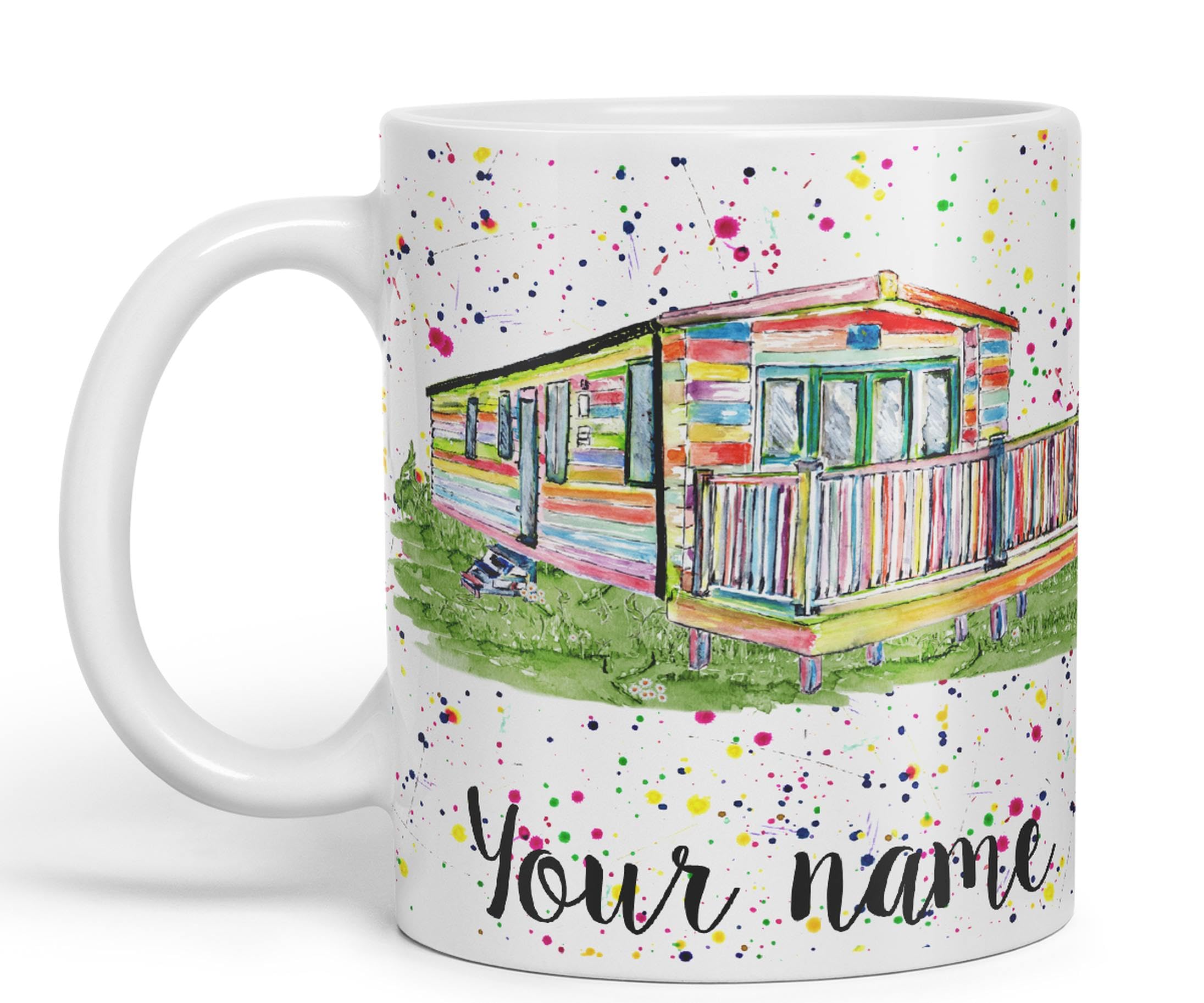 Vixar Personalised with Your Text Watercolour Caravan Static Holiday Homert Coloured Ceramic Mug Cup Gift 330ml 11oz Custom Work Office Tea Coffee (White)
