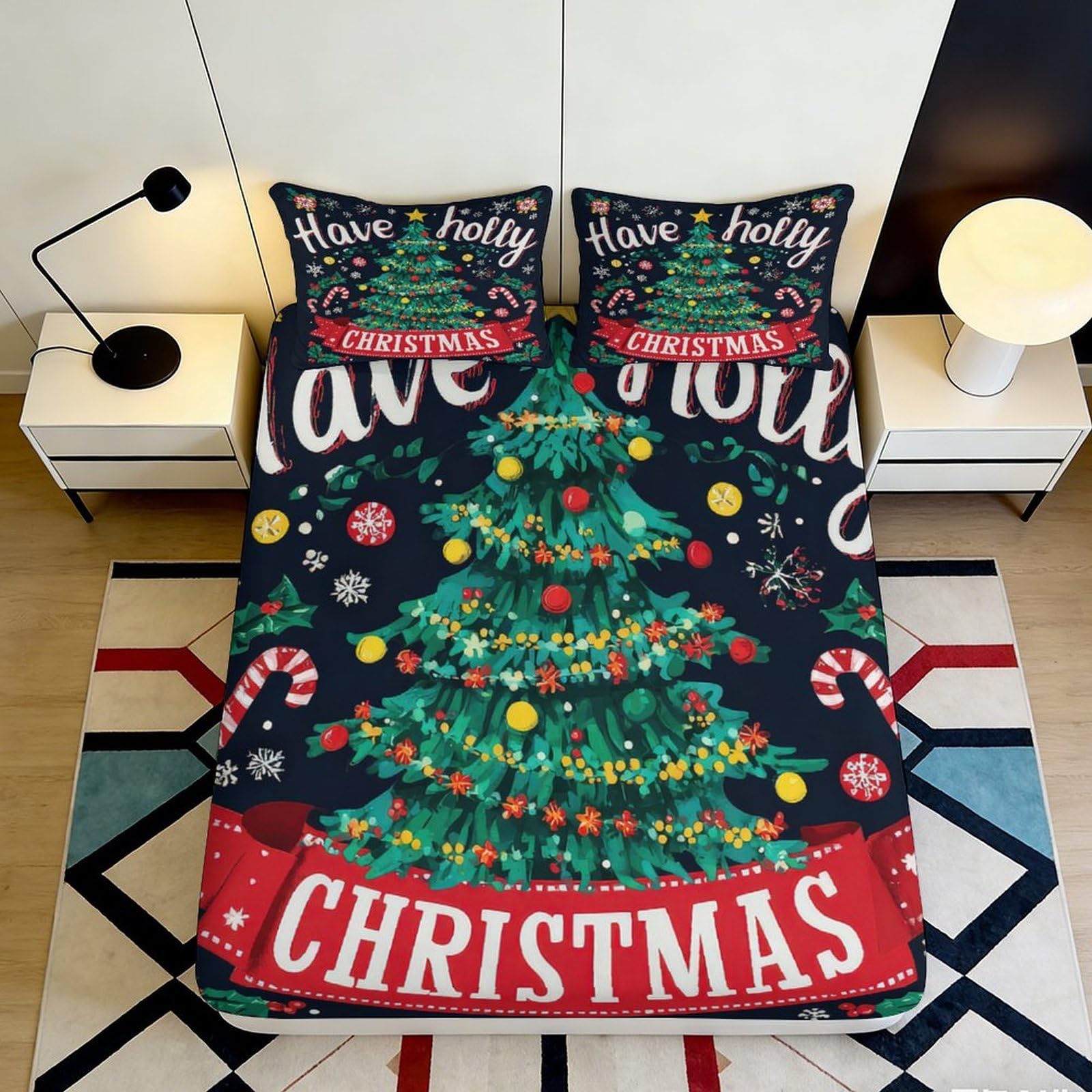 3D Printed Christmas Tree Fitted Sheet Microfiber Deep Pocket Non-Slip Full Wrap Christmas Mattress Fitted Cover Washable 140x200x25cm