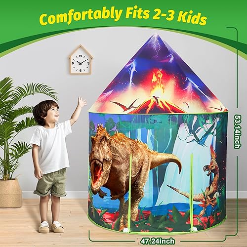 Miniatura 5 de HopeRock Tienda de campaña para niños con botón de rugido, tienda de campaña de dinosaurio para niños y niñas con juguetes de dinosaurio para niños