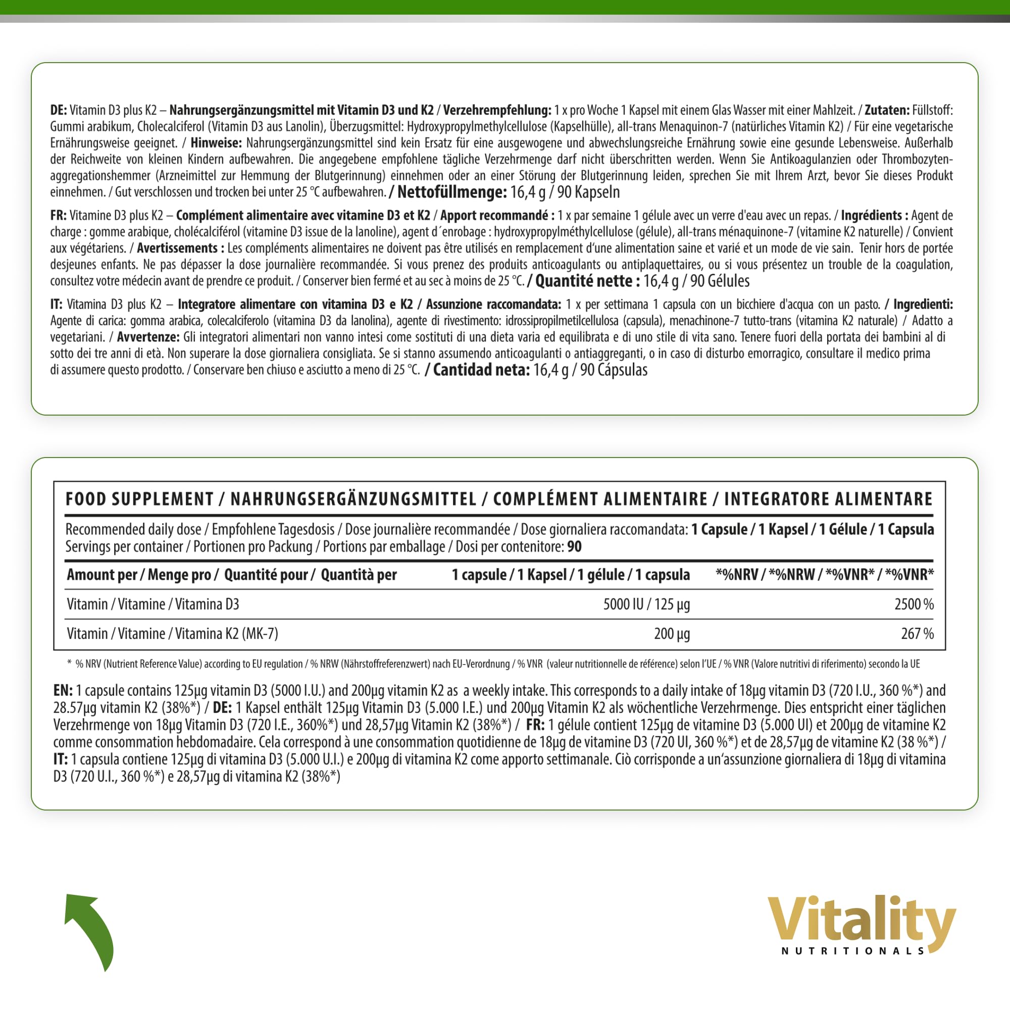 Vitamin D3 K2 Hochdosiert Vitamin D 5000 IE & K2 200 mcg Premium All Trans MK7. 90 Mini-Kapseln Hochdosiert. hohe Bioverfügbarkeit, frei von Zusatzstoffen. Vitality Nutritionals by VitaminExpress