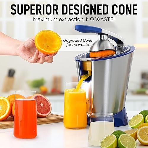 Miniatura 5 de Exprimidor Eléctrico de Cítricos Zulay - Hace Jugo Fresco de Naranja, Limón, Pomelo, Lima - Acero Inoxidable, 160W Potente y Silencioso, Conos