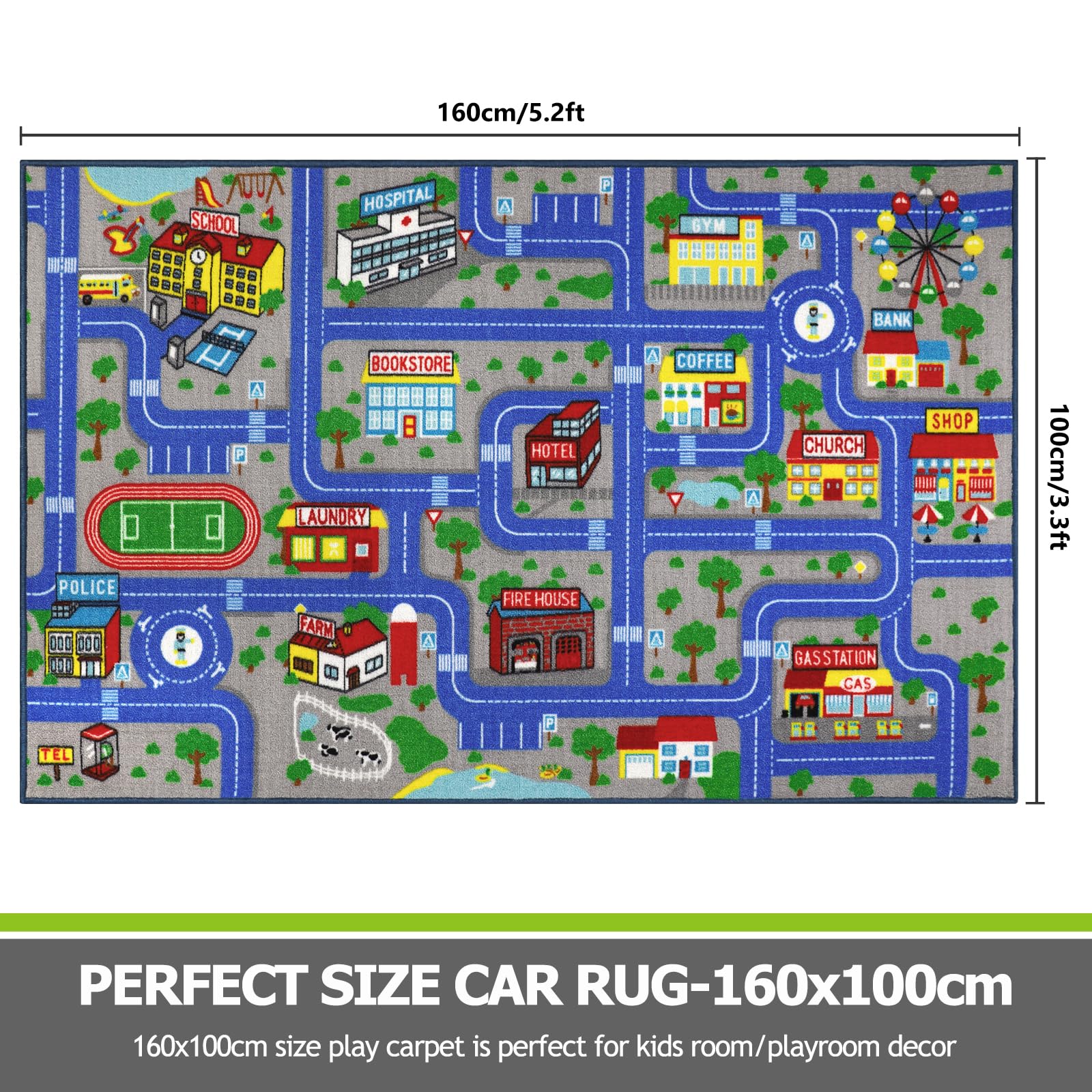 Alfombra azul para niños, alfombra de juego para niños, alfombra de juegos para niños, alfombra de juego para niños, antideslizante, lavable, mapa de la ciudad, alfombra de pista de carreras 2