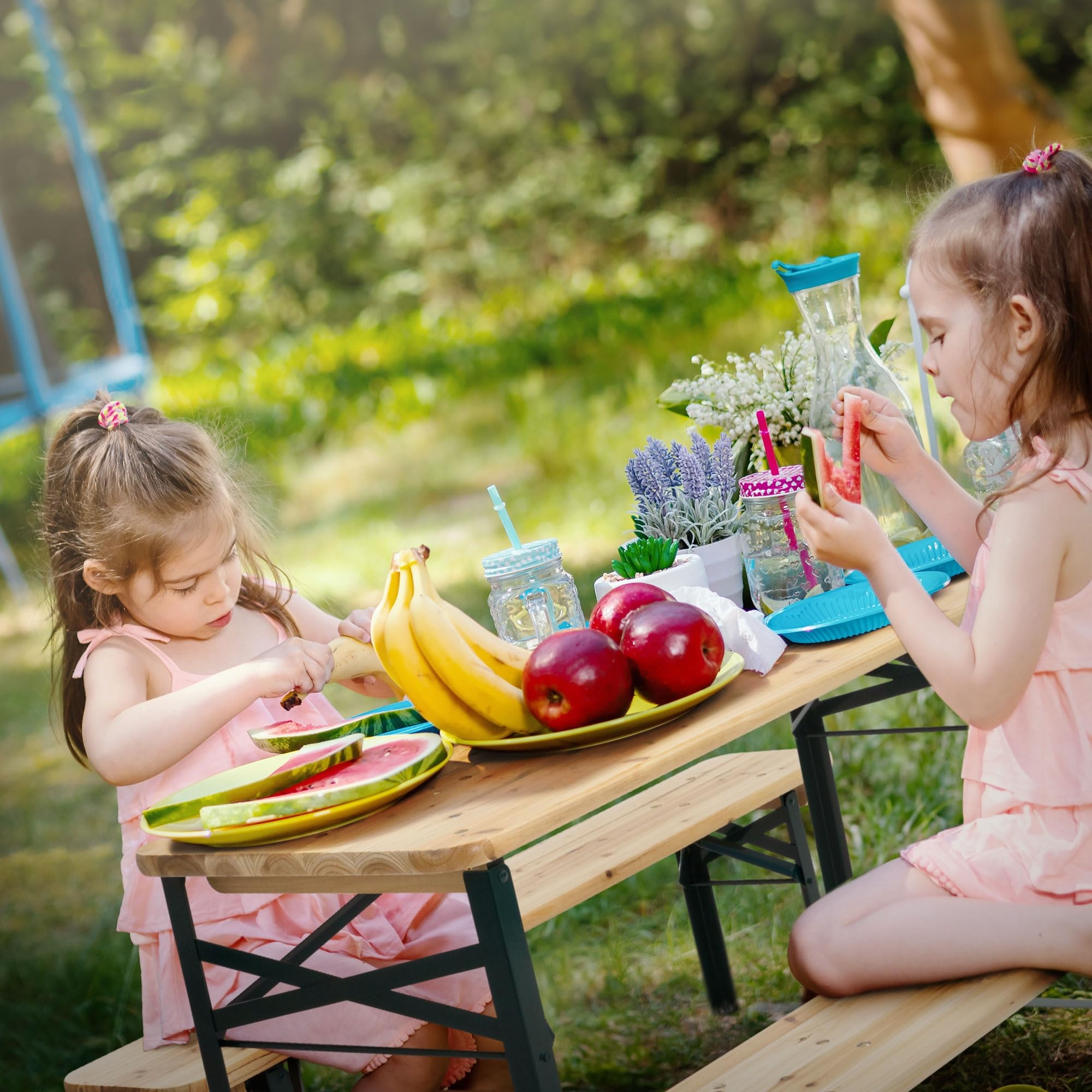 ML-Design Set da Picnic per Bambini 3 Pezzi Pieghevole Naturale/Verde Legno Massello e Metallo Set con Tavolo e 2 Panche per Esterno Arredo Giardino Tavolo da Festa per Bambini Gruppo Sedute da Picnic