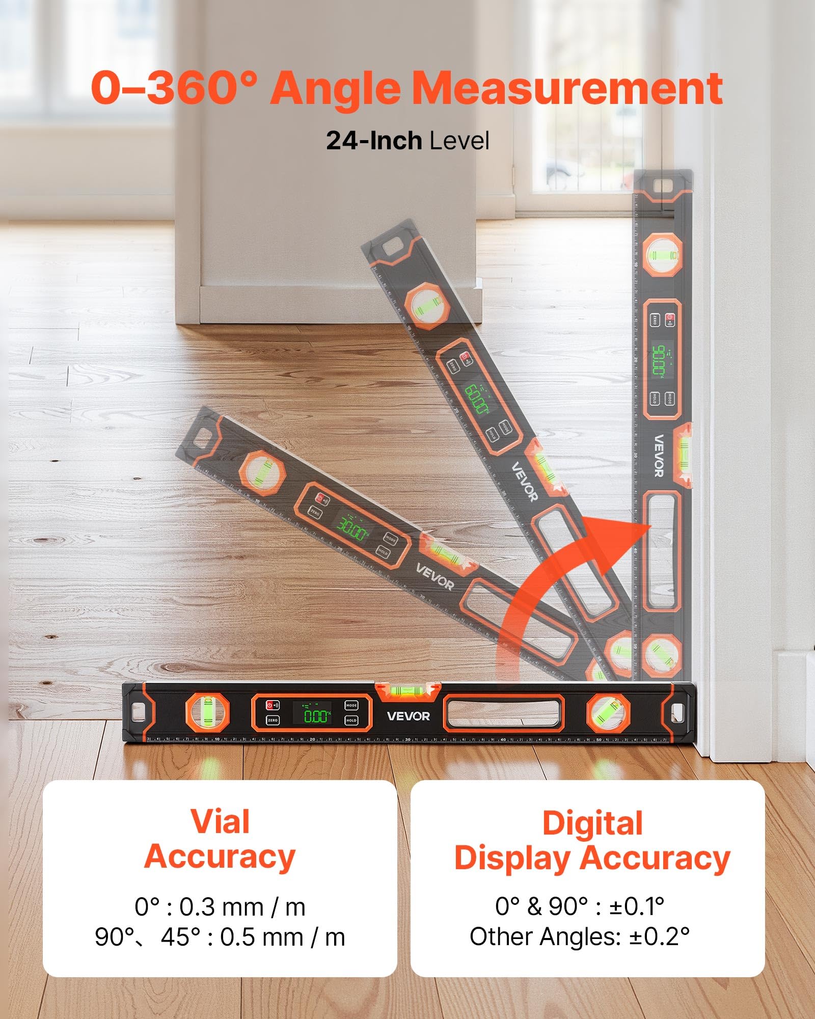 VEVOR Niveau Électronique 600 mm, Niveau à Bulle Numérique Magnétique 360° pour Construction, Bricolage, Menuiserie et Rénovation, avec Écran LED Rétroéclairé et Fioles 0°, 45°, 90°, Indice IP54
