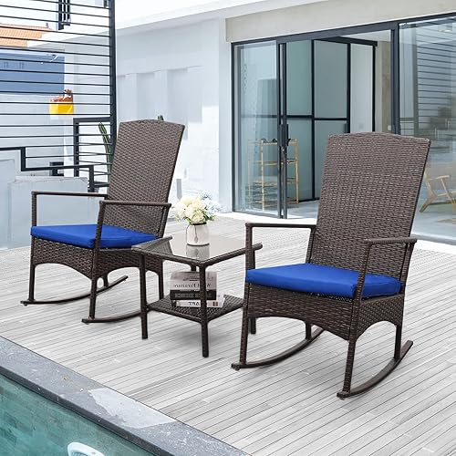 Outdoor PE Wicker Rocking Chair 3-Piece Patio Rattan Bistro Set 2 Rocker Armchair and Glass Coffee Side Table Furniture, Washable Lacing Cushion (Royal Blue)