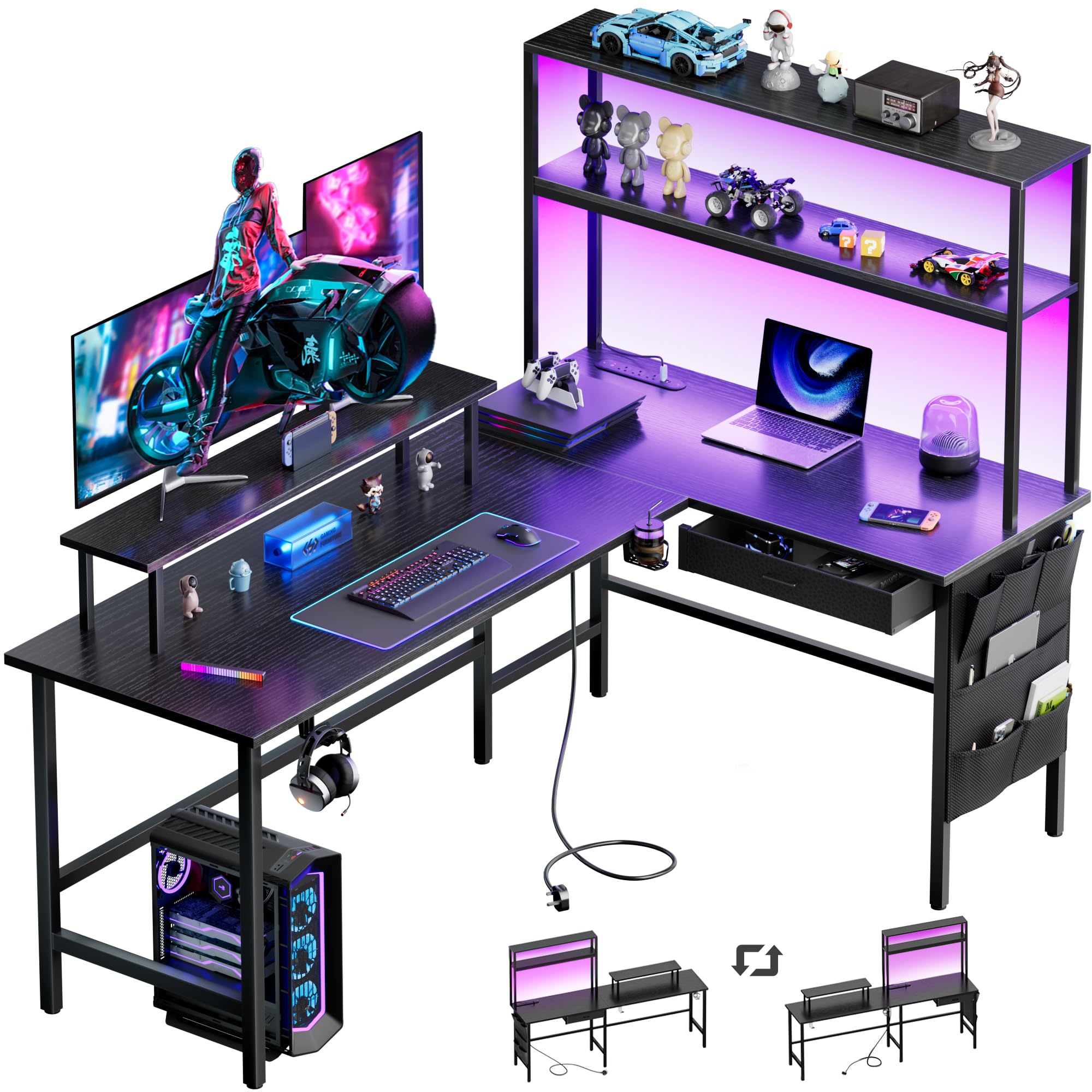 DLONGONE 150 × 100 cm Gaming Desk with LED Lights & Power Outlet, Corner Desk with Storage, Reversible L Shaped Desks with Shelves, Computer Desks with Monitor Stand and Hooks for Home Office, Black — image 1