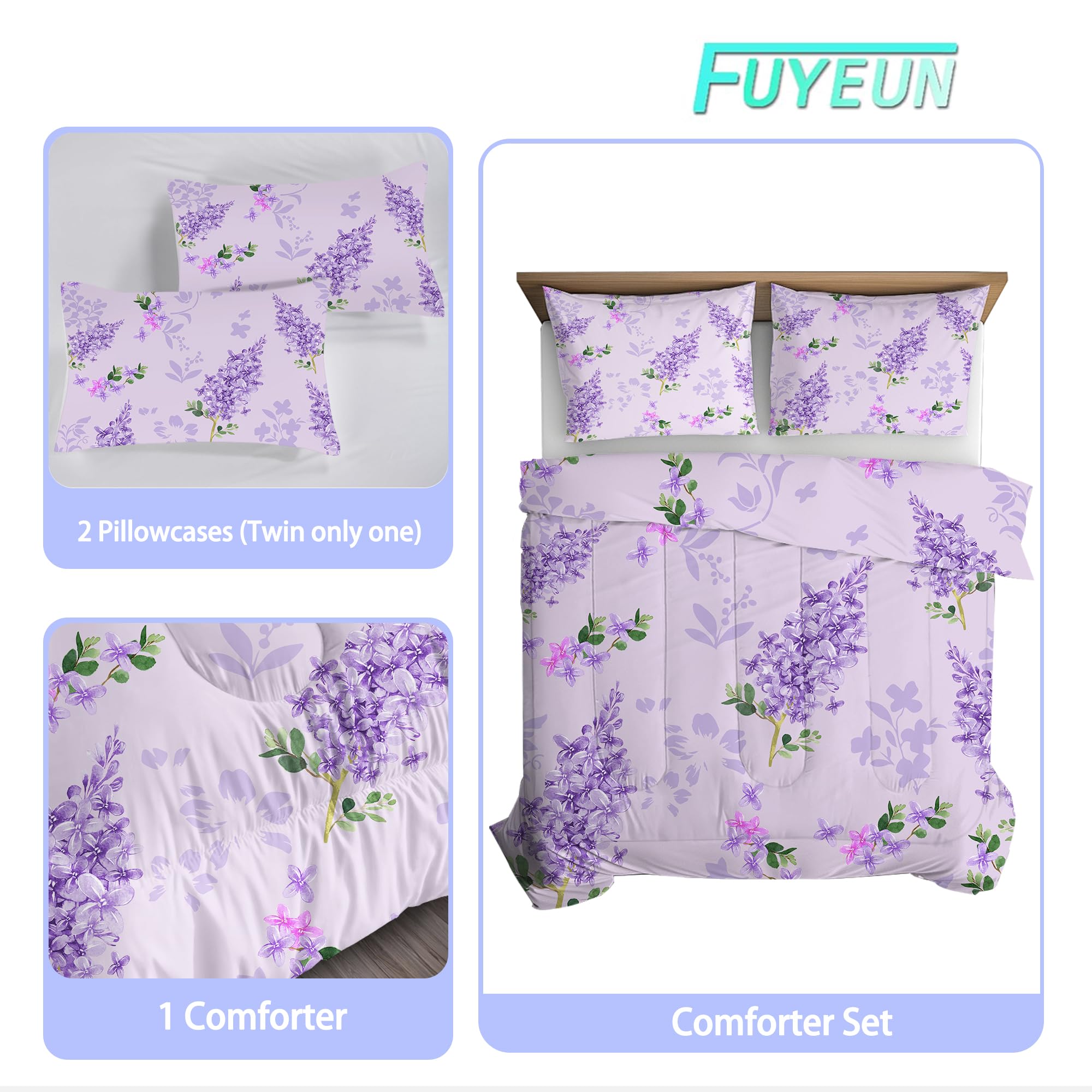 FUYEUN Purple Floral Comforter Set Twin Size,Lilac Flower Bedding Sets for Girls Women Teens Farmhouse Bedroom Bed Bedspread Quilt,1 Comforter,1 Pillow Case