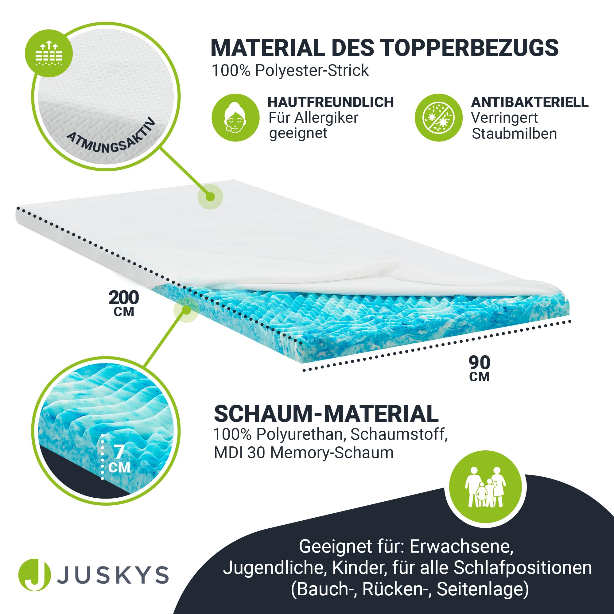 Juskys Topper 90x200 cm aus Memoryschaum, 7-Zonen orthopädisch & atmungsaktiv, 7cm Höhe, H2 - H3, Bezug waschbar Matratzentopper Matratzenauflage White